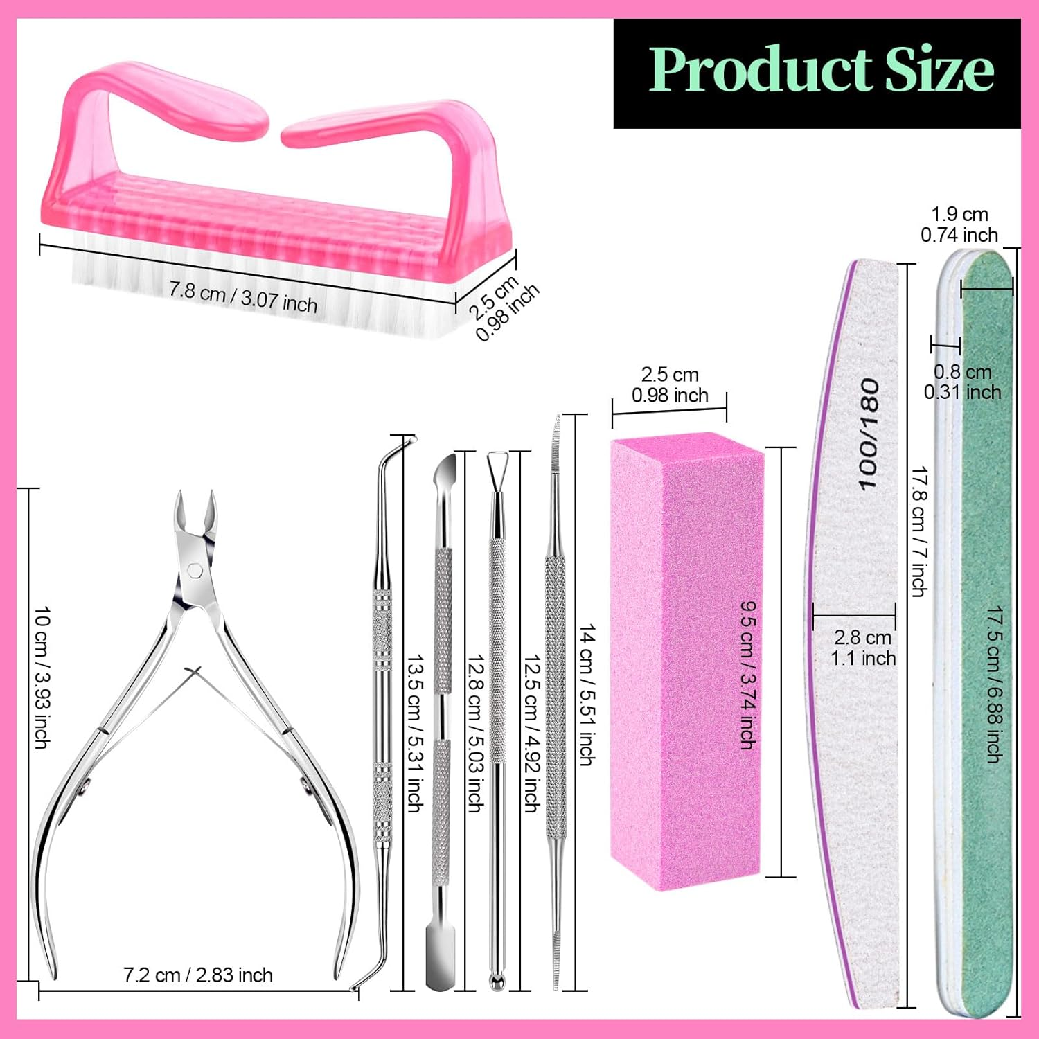 FANDAMEI Nail Care Tool Kit, Nail Files 100/180, Buffer Block, Cuticle Nippers, Cuticle Pusher, Cuticle Peeler, Nail Lifter for Ingrown Toenails, Toenail File, Nail Brush, for Manicure and Pedicure image number 5