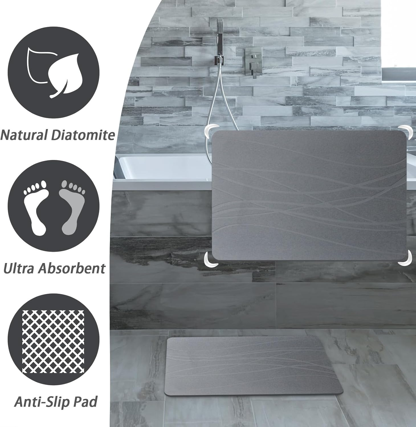 Enkis - Stone Bath Mat, Natural Diatomaceous Quick Drying Mat, 39 * 60CM Non-Slip Super Absorbent Quick Drying Diatomite Mat for Bathroom Shower Floor & Kitchen Counter (Sculptural Lines-Dark Grey) - Sculptural Lines-Dark Grey image number 5