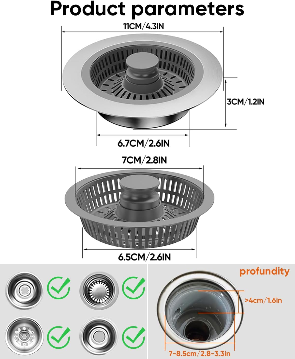 2 Pcs Kitchen Sink Drain Strainer and Stopper Combo, 3 in 1 Stainless Steel Pop-Up Sink Stopper & Drain Strainer for Standard Drains, Ideal Sink Protectors for Kitchen Sink image number 4