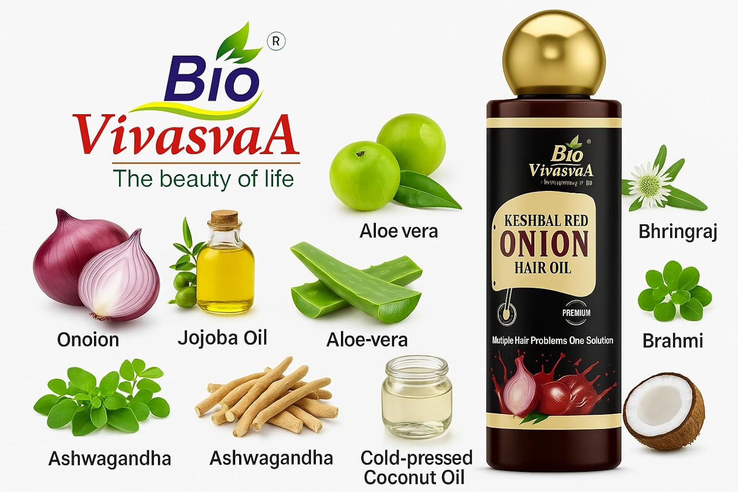 Bio Vivasva Red Onion Hair Oil with Black Seed Oil - Controls Hair Fall, No Mineral Oil, Silicones & Synthetic Fragrance - 180 Ml