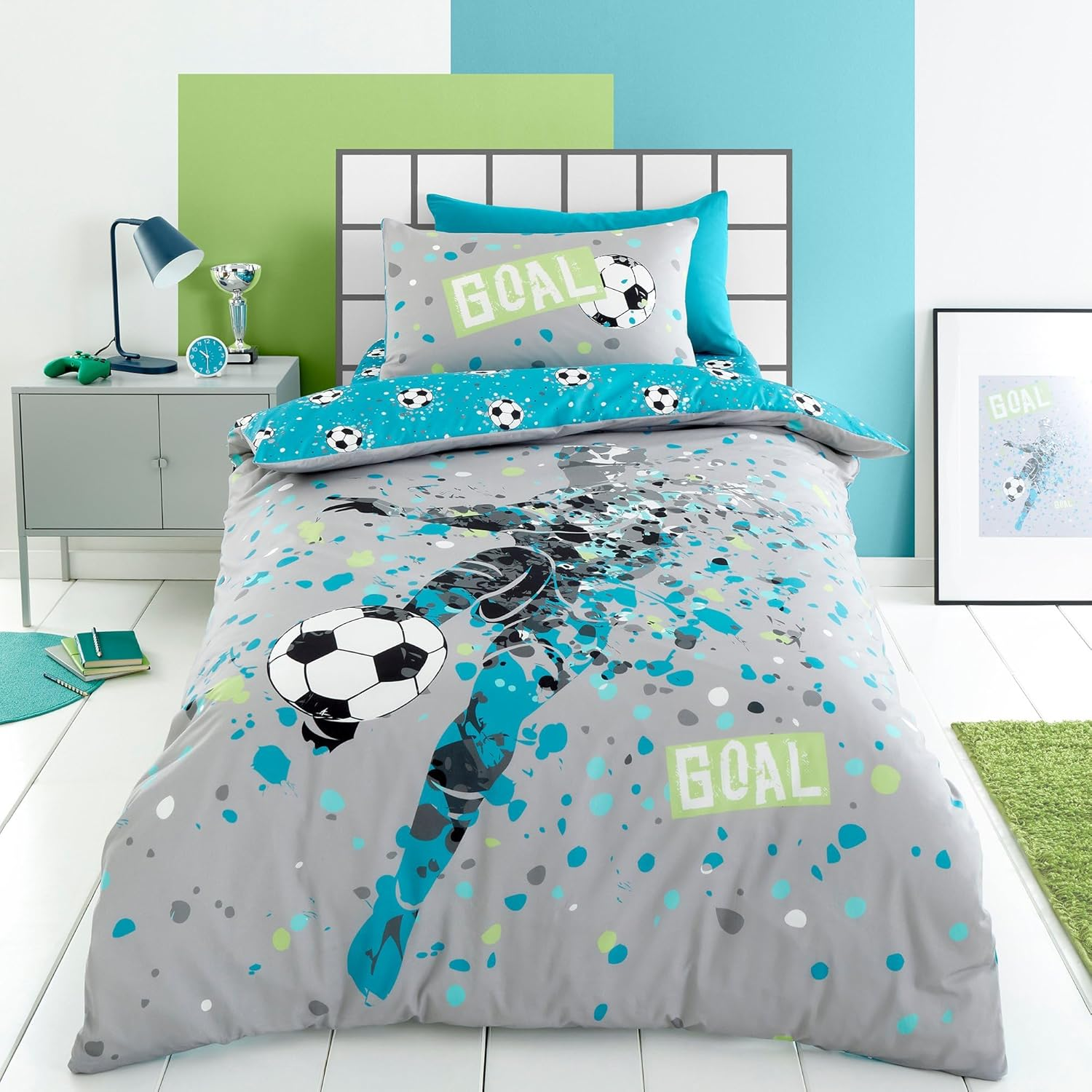 Bedding Bedlam - Blue Aqua Football Duvet Cover - Double Size (200 X 200Cm) - Reversible (2 Designs) - Football Football Themed Duvet Cover - Football Bedroom Accessories - Soccer image number 2