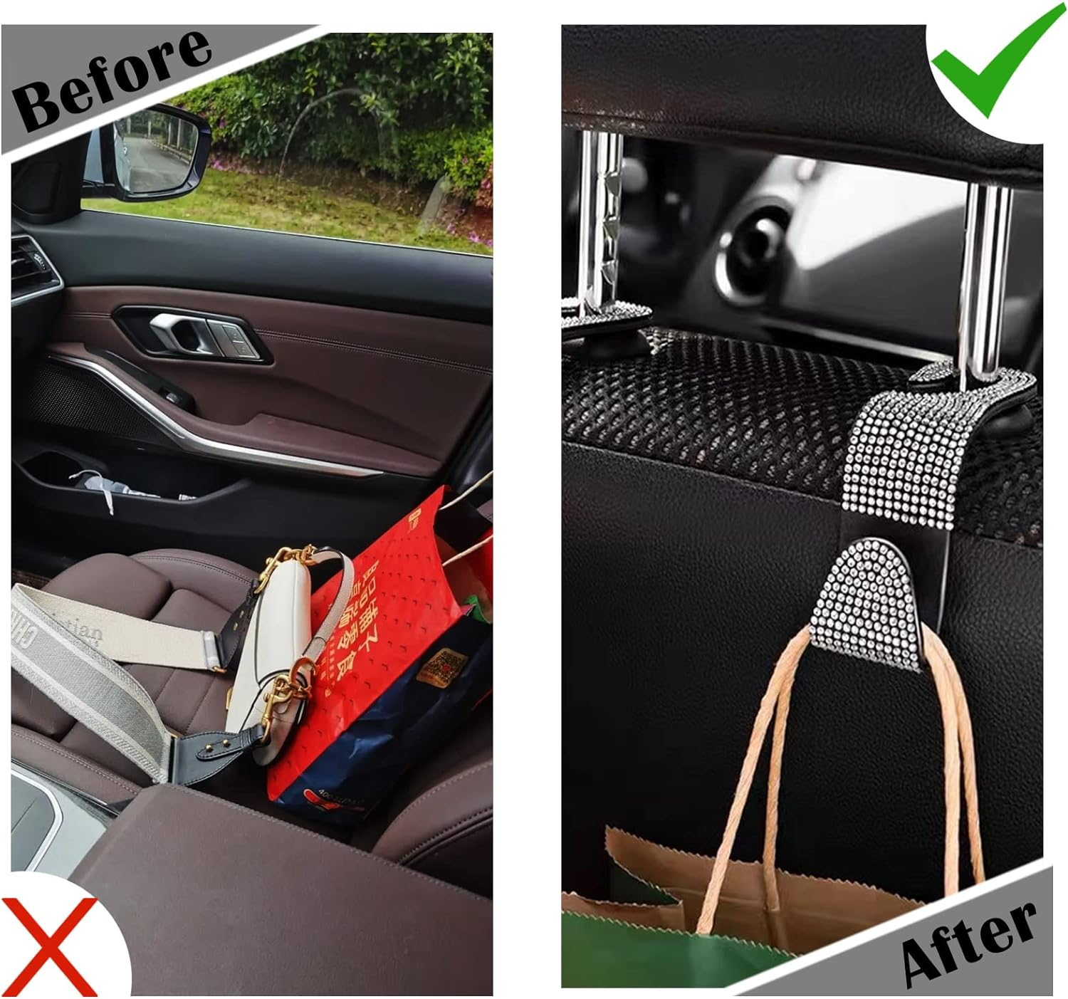 2PCS Car Seat Hooks - Bling Rhinestone Headrest Hooks with Universal Design - Perfect for Holding Handbags, Clothes, Purses, and Water Bottles - Black image number 2