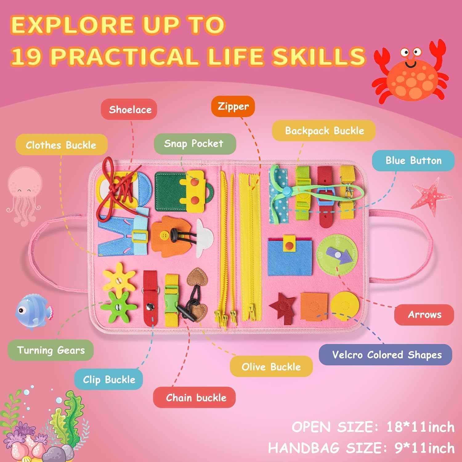 Busy Board for Kids Toddler Sensory Toys Educational Busy Book Sensory Activity Developing Board Montessori Toy Preschool Quiet Book for Airplane and Car Travel Ages 3 4 5 Year Old Girls Boys (Pink) image number 3