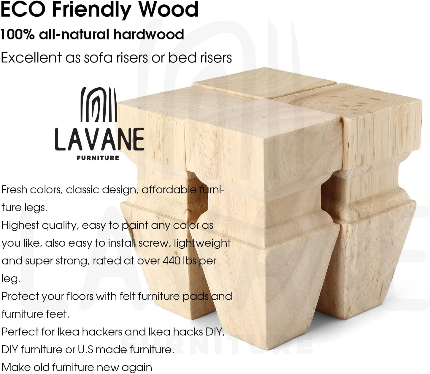 6 Inch / 15Cm Wooden Furniture Legs, La Vane Set of 4 Solid Wood Carved Geometry Unfinished Replacement Bun Feet with Mounting Plate & Screws for Sofa Cabinet Couch Table TV Stand image number 5