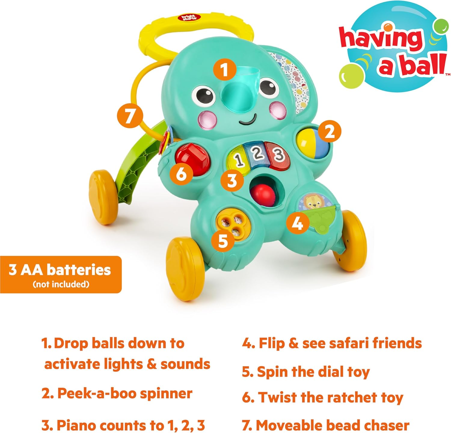 Bright Starts Stroll 'N Roll 2-In-1-Ball Play Walker - Elephant with Lights and Music, Unisex, 6 Months+ image number 2