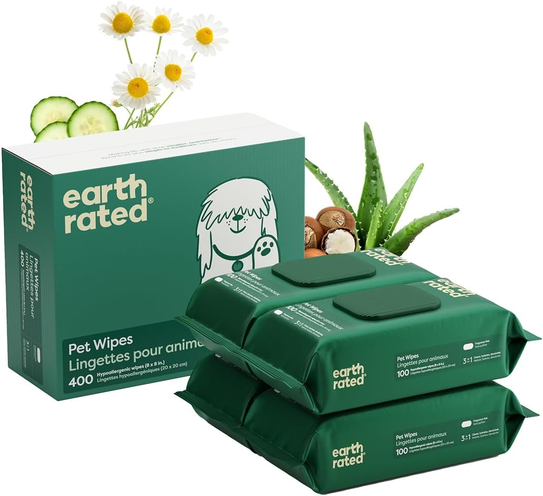 Earth Rated Dog Wipes, 400 Plant-Based and Compostable Wipes for Dogs & Cats, Usda-Certified 99 Percent Biobased, Hypoallergenic, 20X20 Cm Deodorizing Grooming Pet Wipes for Paws, Body and Butt