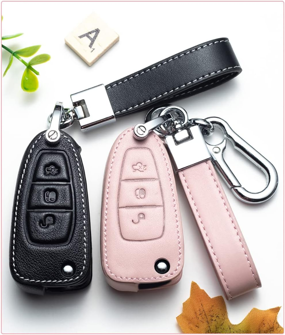 Ontto Leather Car Key Fob Cover Fit for Ford Focus Mondeo Fusion Fiesta Ka Kuga S-Max 2011-2017 Flip Key Case Key Holder Key Shell Keychain Keyring Protective Accessories Black