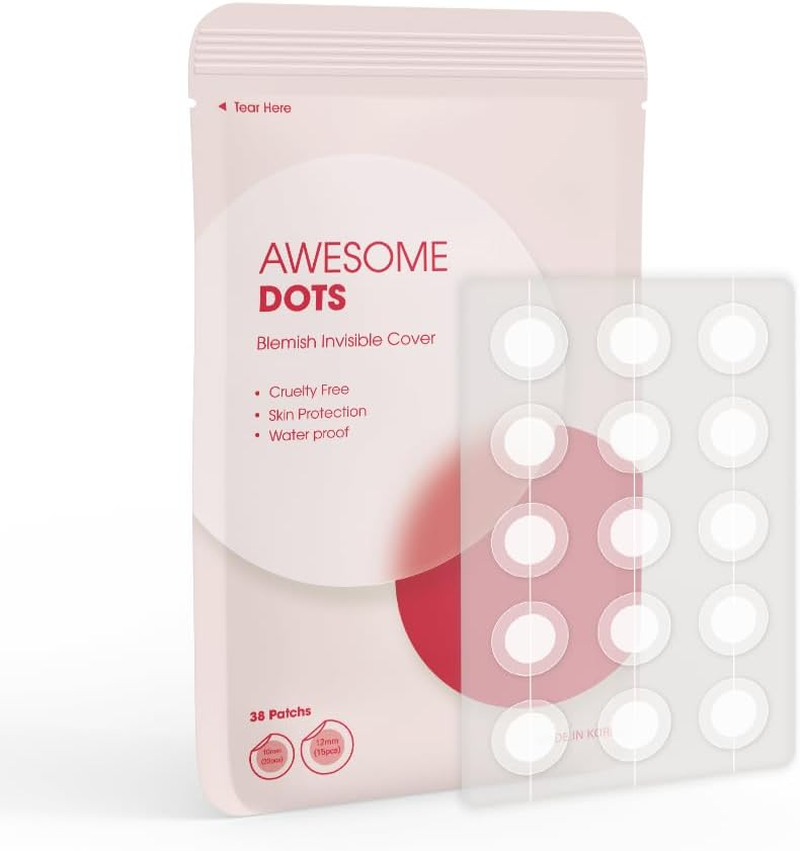 AWESOME DOTS Acne Pimple Patch - Invisible Blemish Cover - Spot Treatment - 2 Sizes (38 Count) - Face - Unisex - Vegan