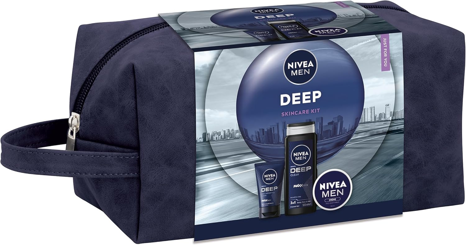 NIVEA MEN Deep Skincare Gift Set (3 Piece) | Includes: Shower Gel, Face Wash & Multipurpose Cream| Includes Bonus Wash Bag | Face & Body Care Essentials for Men | Hydrating Skin Care Routine image number 4