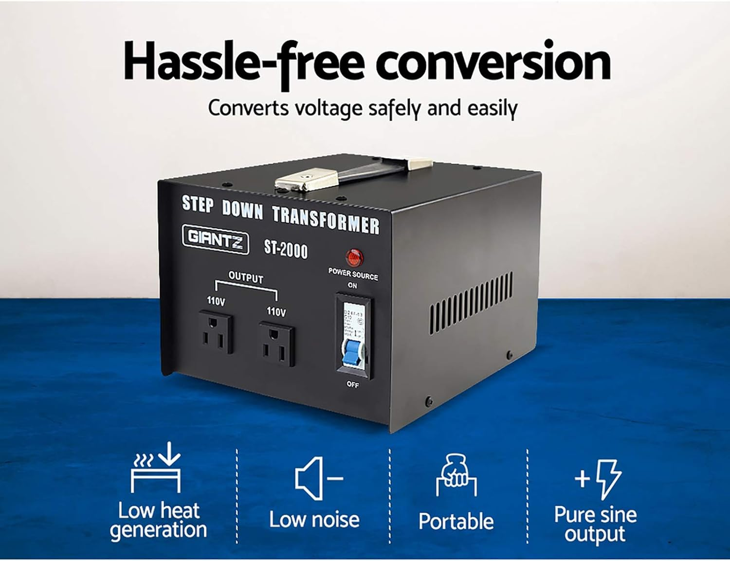 Giantz Step down Transformer 240V to 110V, 2000W Voltage Converter Stepdown Transformers AU-US Home Indoor Power Accessories, Pure Sine Output Ultra-Portable Lightweight with Socket Black image number 3