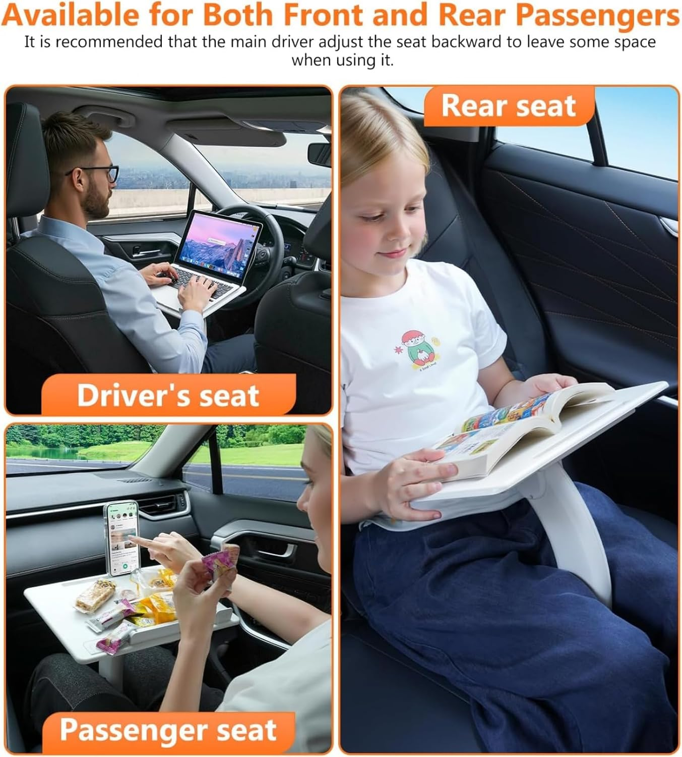 Car Seat Tray Table, Adjustable Travel Tray for Kids/Adults, Car Lap Desk for Laptop Computer Tablet Book, Front Passenger/Rear/Driver Seat Food Eating, Essentials Accessories for Long Trips