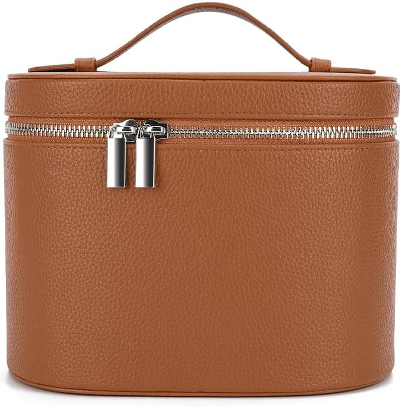 Makeup Bag with Handle &ndash; Travel Cosmetic Organizer Case with Compartments, Portable Toiletry Bag for Women, Compact Makeup Storage Pouch (Brown)