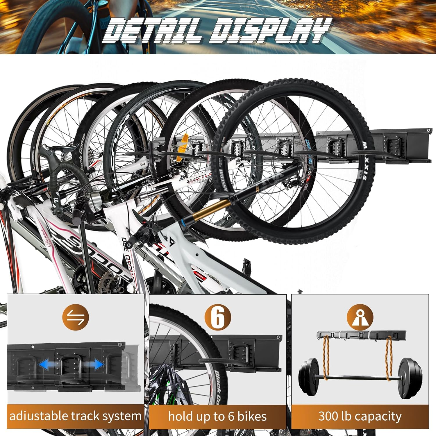 PYBTOOL Bike Storage Rack, Garage Bike Rack Wall Mount, 6 Bike Racks and 6 Helmets Hooks, Max Capacity 600Lbs, 64-Inch image number 3