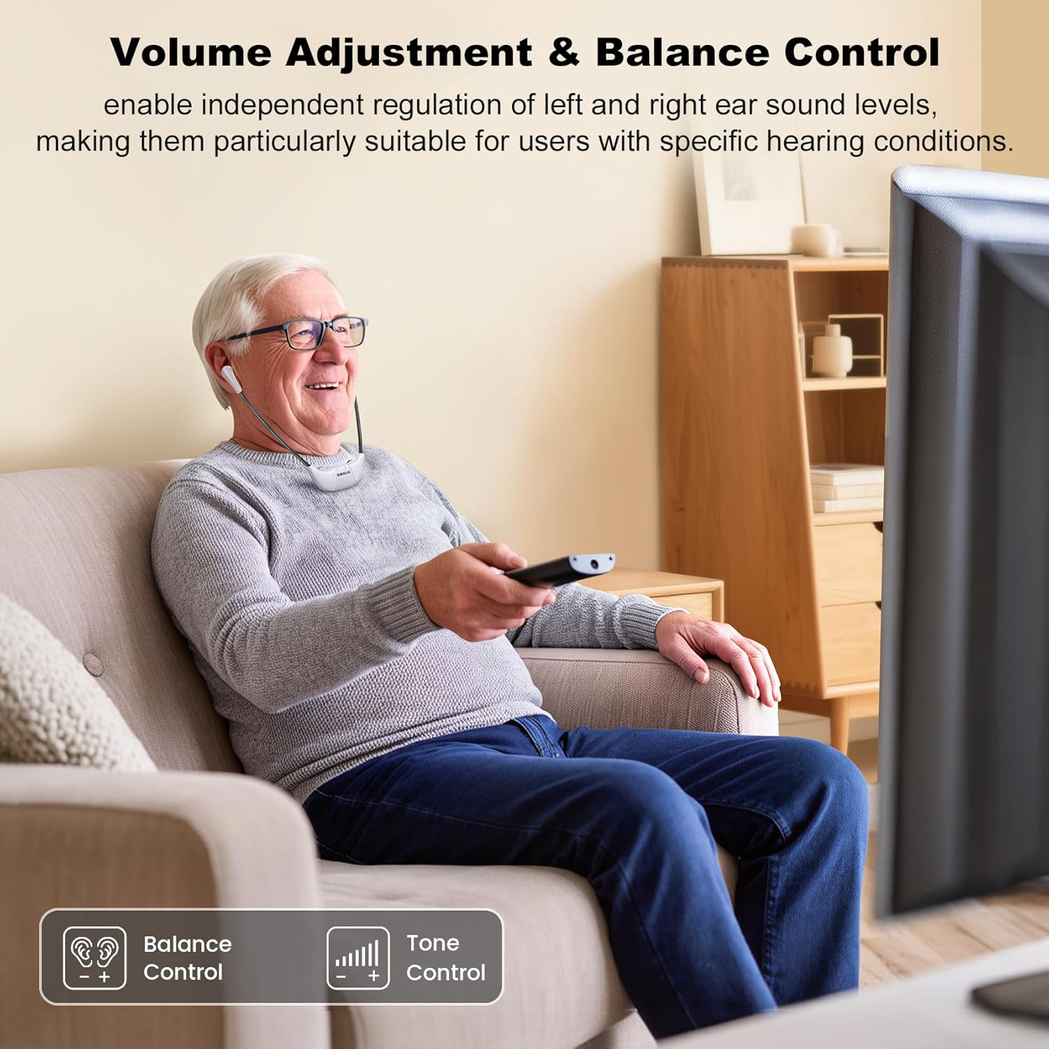 SIMOLIO TV Headphones Wireless for Seniors with Hearing Impairment, 2.4Ghz Delay-Free In-Ear TV Headphones, Opt/Rca/3.5 Mm Compatible, Balance Control, Stereo/Mono, Replacement Battery image number 3