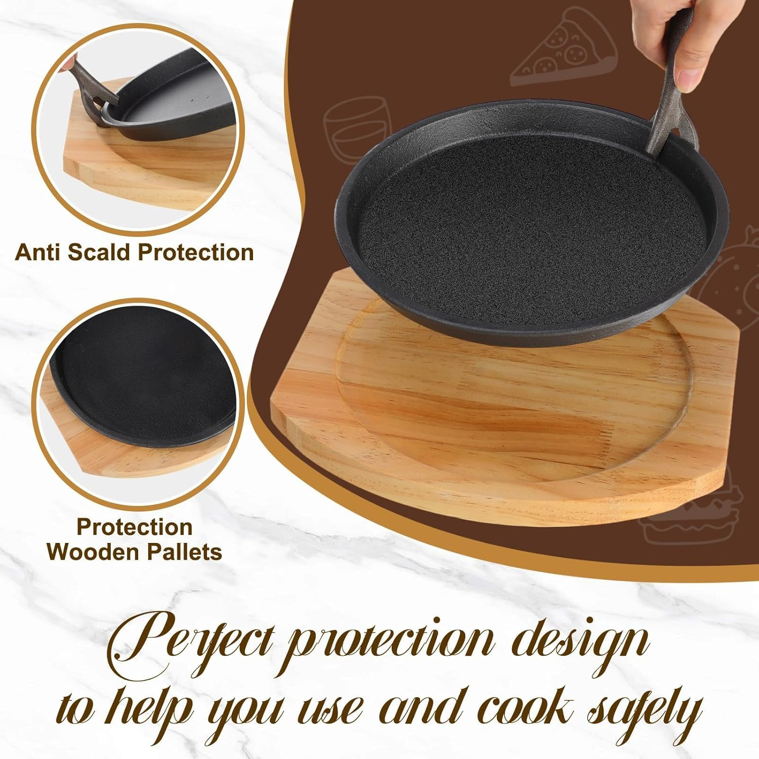 2 Set Cast Iron Fajita Plate Set with Wooden Base anti Scald Protection Removable Handle Fajita Plate Sizzling Pan Cast Iron Skillets Set for Home Restaurant Kitchen BBQ Cooking (10.3 Inch) image number 3