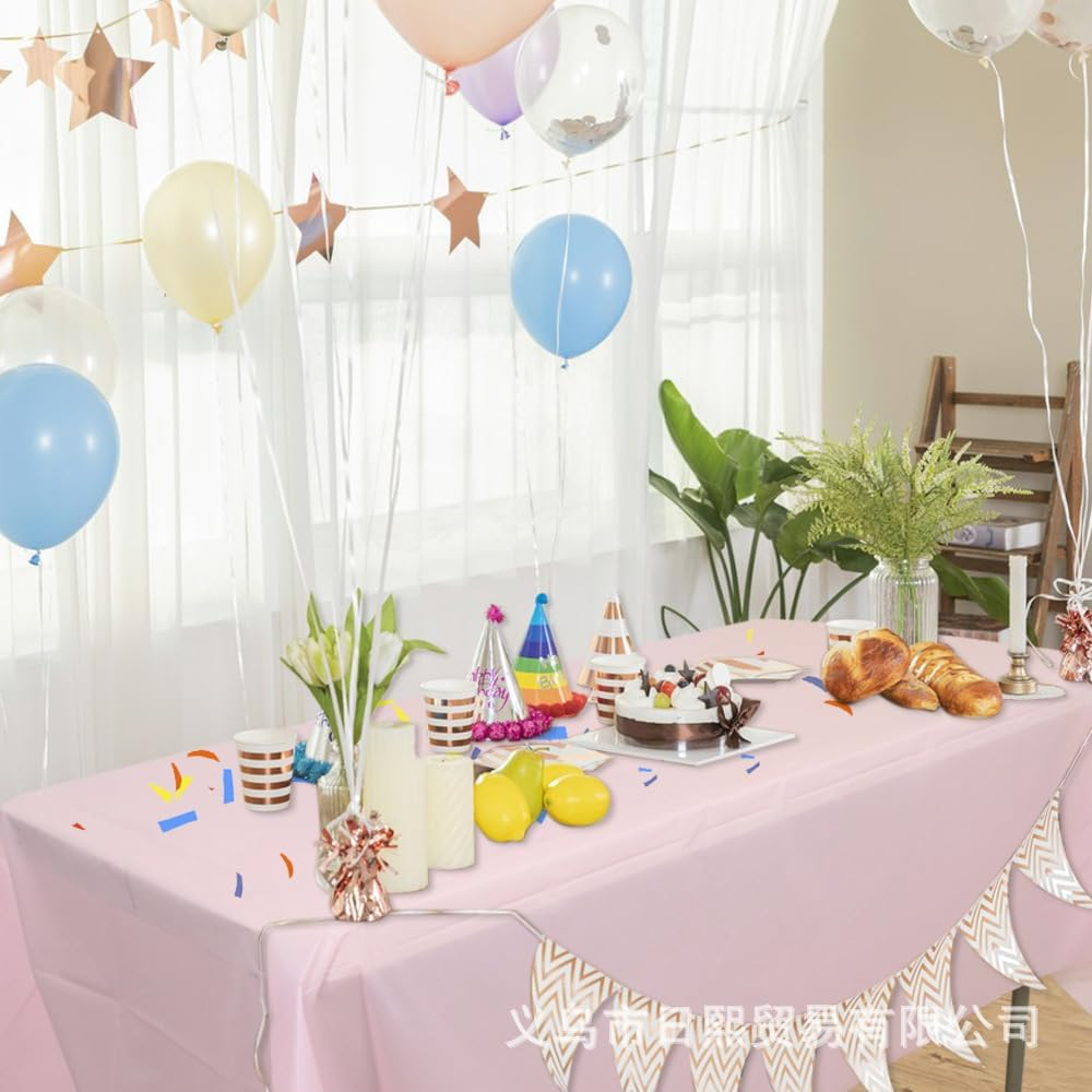 Aoozleny Premium Disposable Plastic Tablecloth (54 X 72 Inches), Decorative Rectangle White Table Cover for Wedding, Party, Banquet [5 Pack] (Pink) - White image number 5