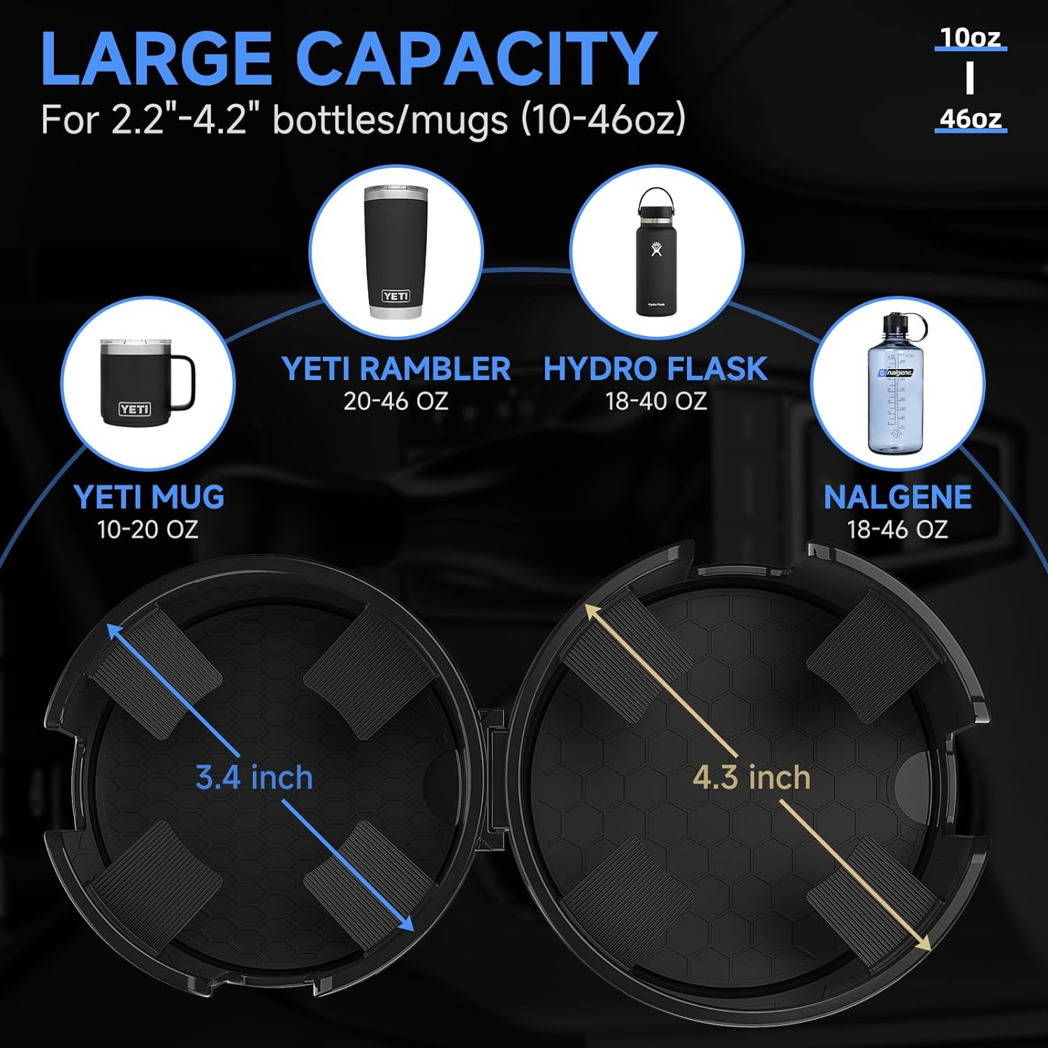 Dylen Car Cup Holder Expander, 2 in 1 Cup Holder Extender Adapter for Car with Expandable Base, Cup Holder Insert Fits Most Large Drink Bottles 300-1500 ML (5.6-10.7 CM) image number 2