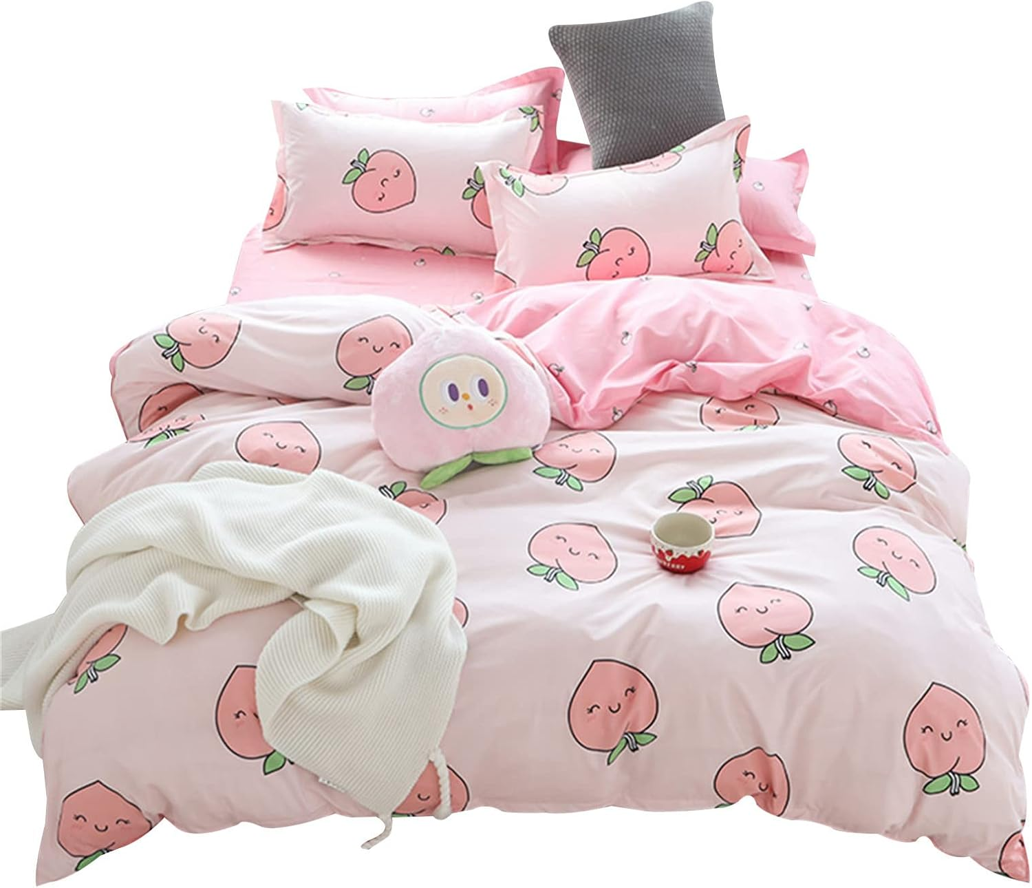 Meiju Duvet Cover Set 3 Pieces, Single Quilt Cover & Pillowcases of Peach Fruit Print Microfibre Kawaii Pale Pink Reversible Breathable Bedding Set Zip Design(Cute Peaches,135X200Cm) image number 4