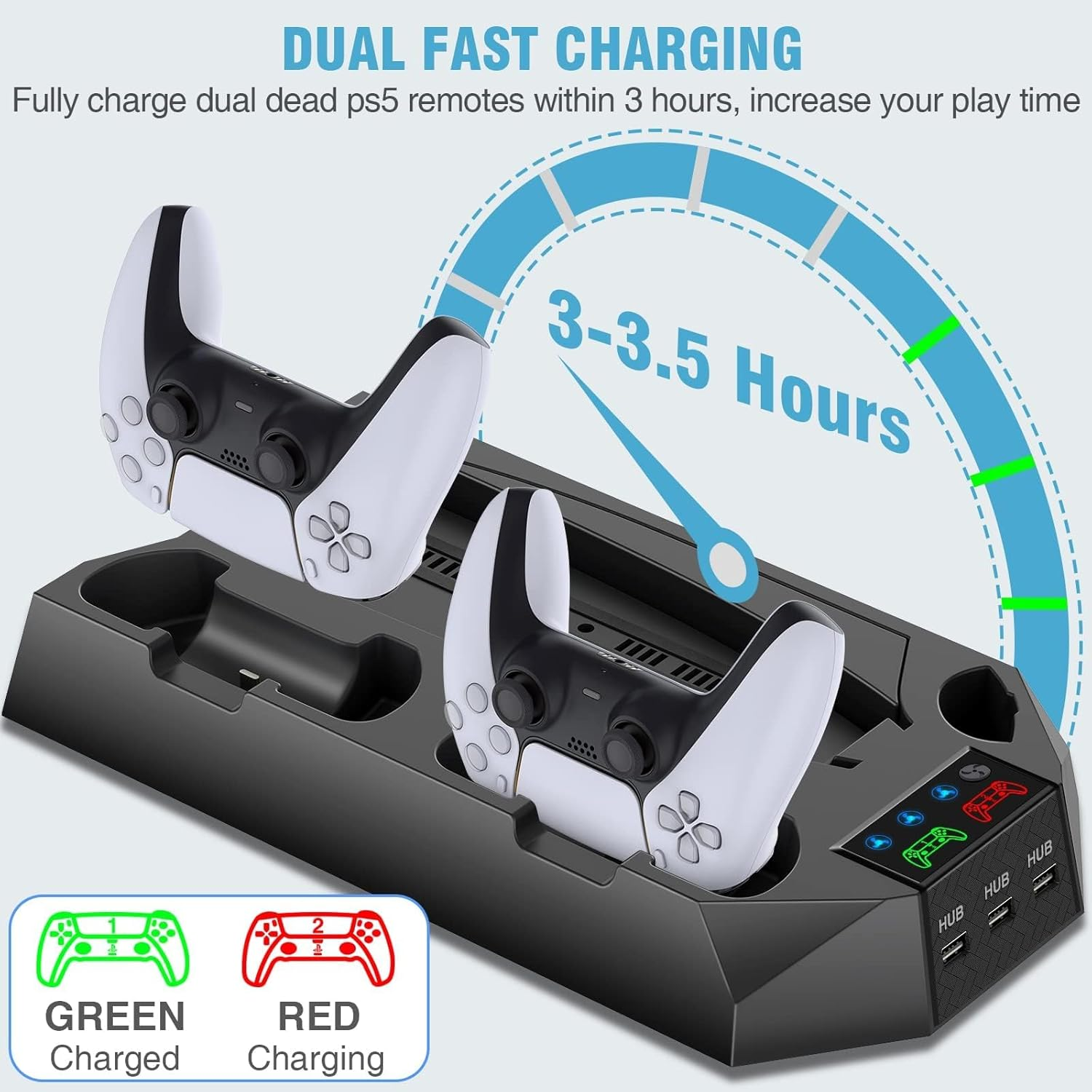 PS5 / PS5 Slim Stand and Cooling Station with Dual Controller Charging Station for Playstation 5 Console, PS5 Accessories Incl. Controller Charger, Cooling Fan, Headset Holder, 3 USB Hub, Screw-Black image number 2