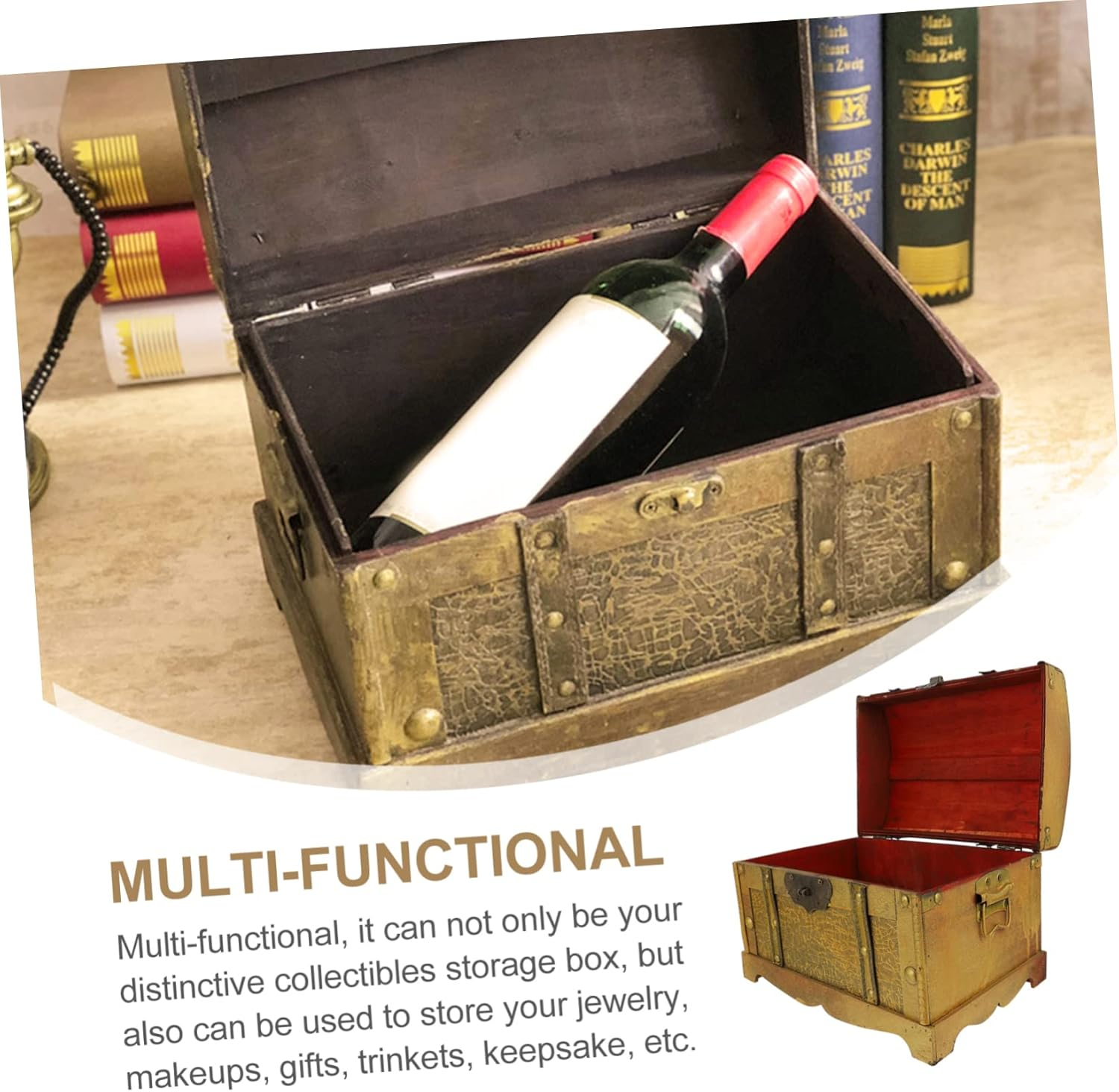 MAGICLULU Retro Pirate Box Lock Wooden Vintage Treasure Chest for Cosplay Props Decorative Storage Case for Home Party Use image number 6