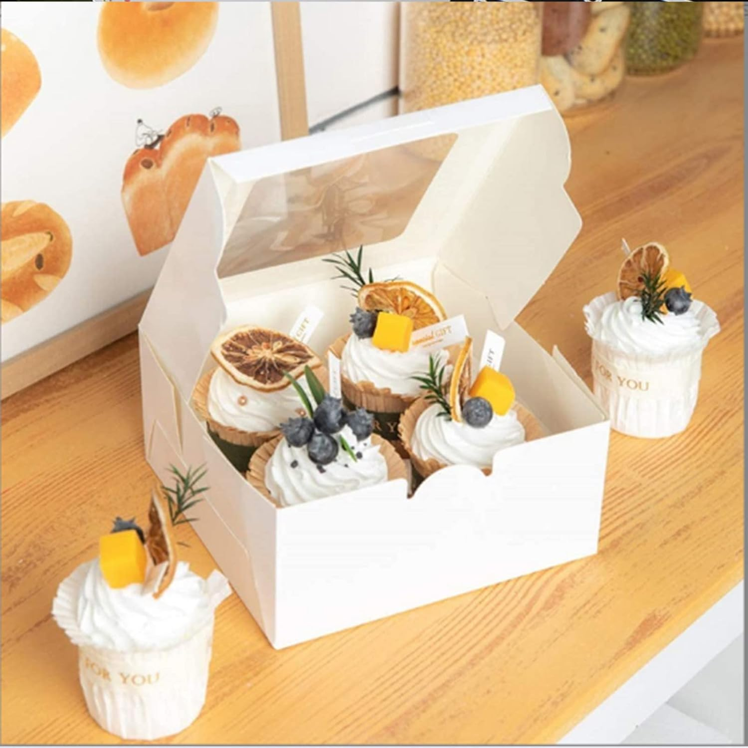 Acbbmns 50Pcs 4 Holes Cupcake Boxes with Window and Insert, 16 X 16 X 7.5Cm White Kraft Paper Cup Cake Boxes Bakery Containers Cupcake Carrier Box for Muffin Chocolate Macarons Pastry