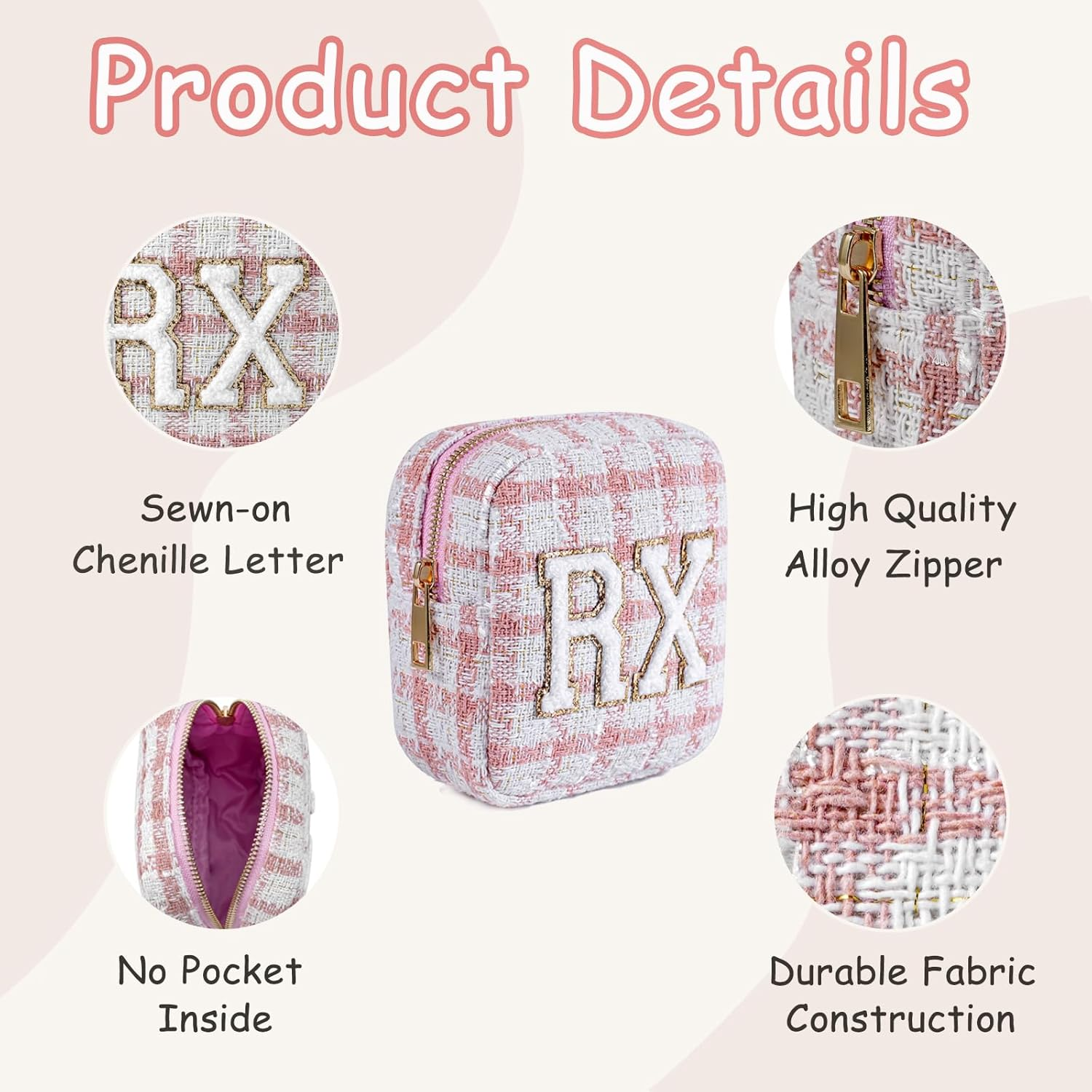DDPOND Small Medicine Bag for Travel, Personalized RX Chenille Letters Checkered Pouch for Women and Girls, Cute Meds Drug Makeup Bags with Zipper (01Beige Checkered) image number 1