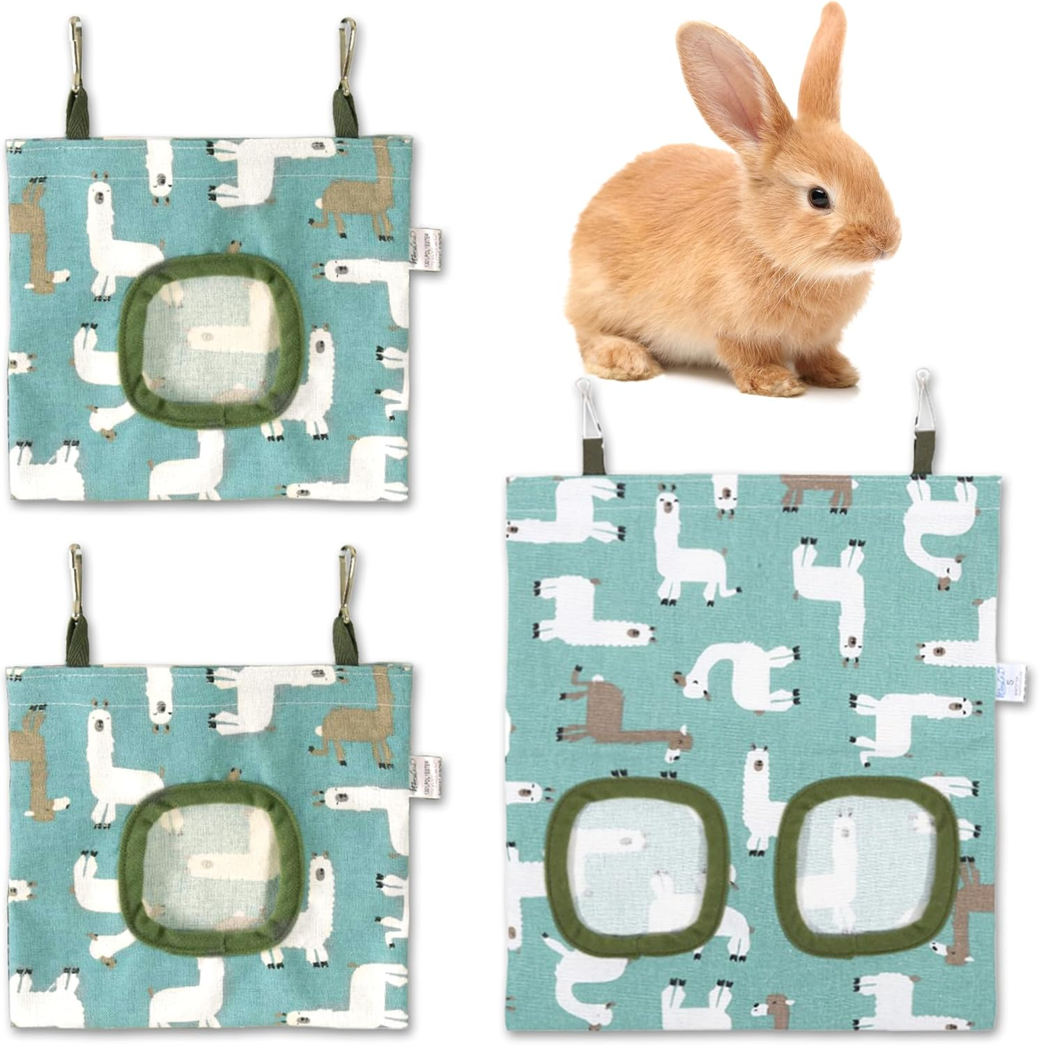 JIEYUMAO Rabbit Hay Feeder Bag, 3 Pack Guinea Pig Hay Feeder, 2 Sizes Small Animals Hay Bag for Small Pets, Hanging Feeders Sack Bunny Hay Feeders for Rabbit Guinea Pig Hamsters image number 2