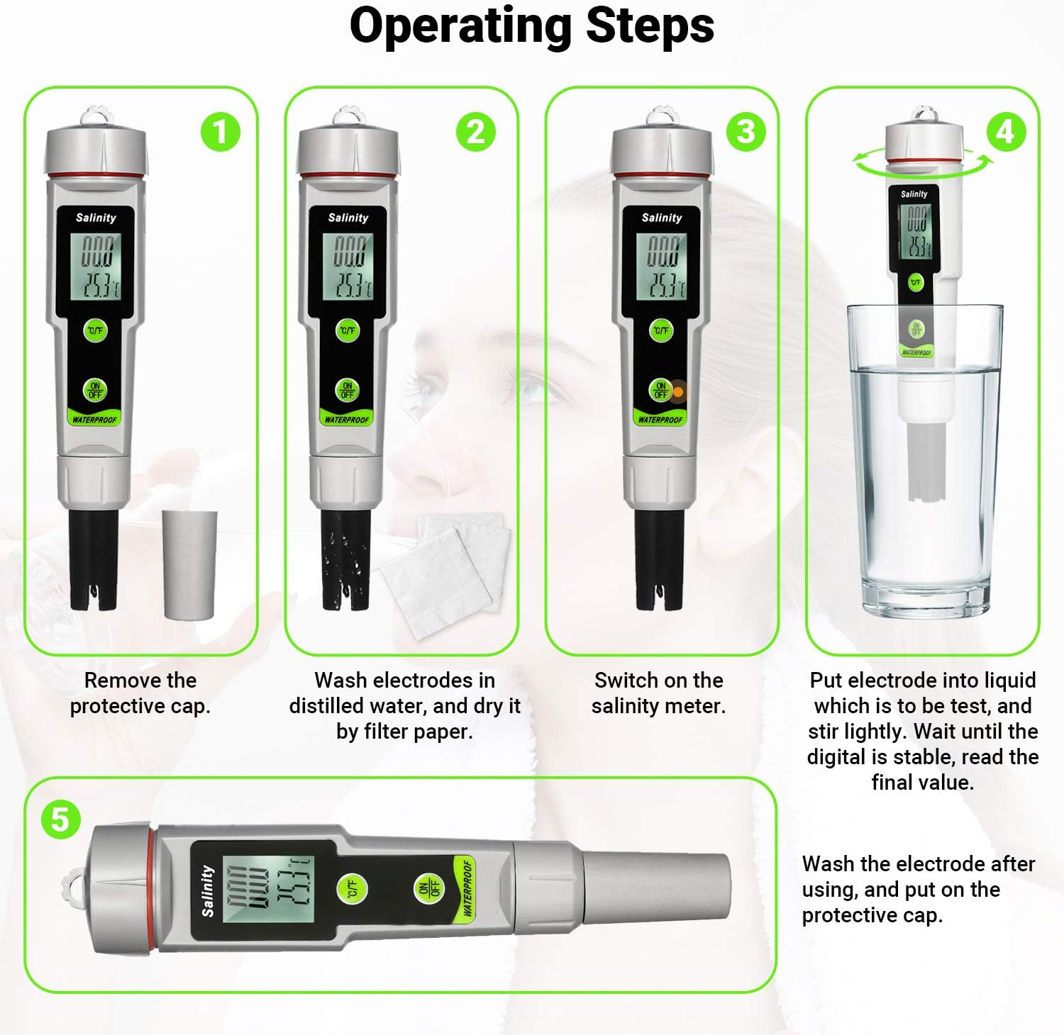 Salinometer Waterproof Salinity Test 2-In-1 Salinity & Temperature Meter Portable Salinity Meter Salimeter Type Salinograph 0~199.9Ppt Range -50~70℃ Temperature Meter ℃/℉ Conversion Beverages image number 1