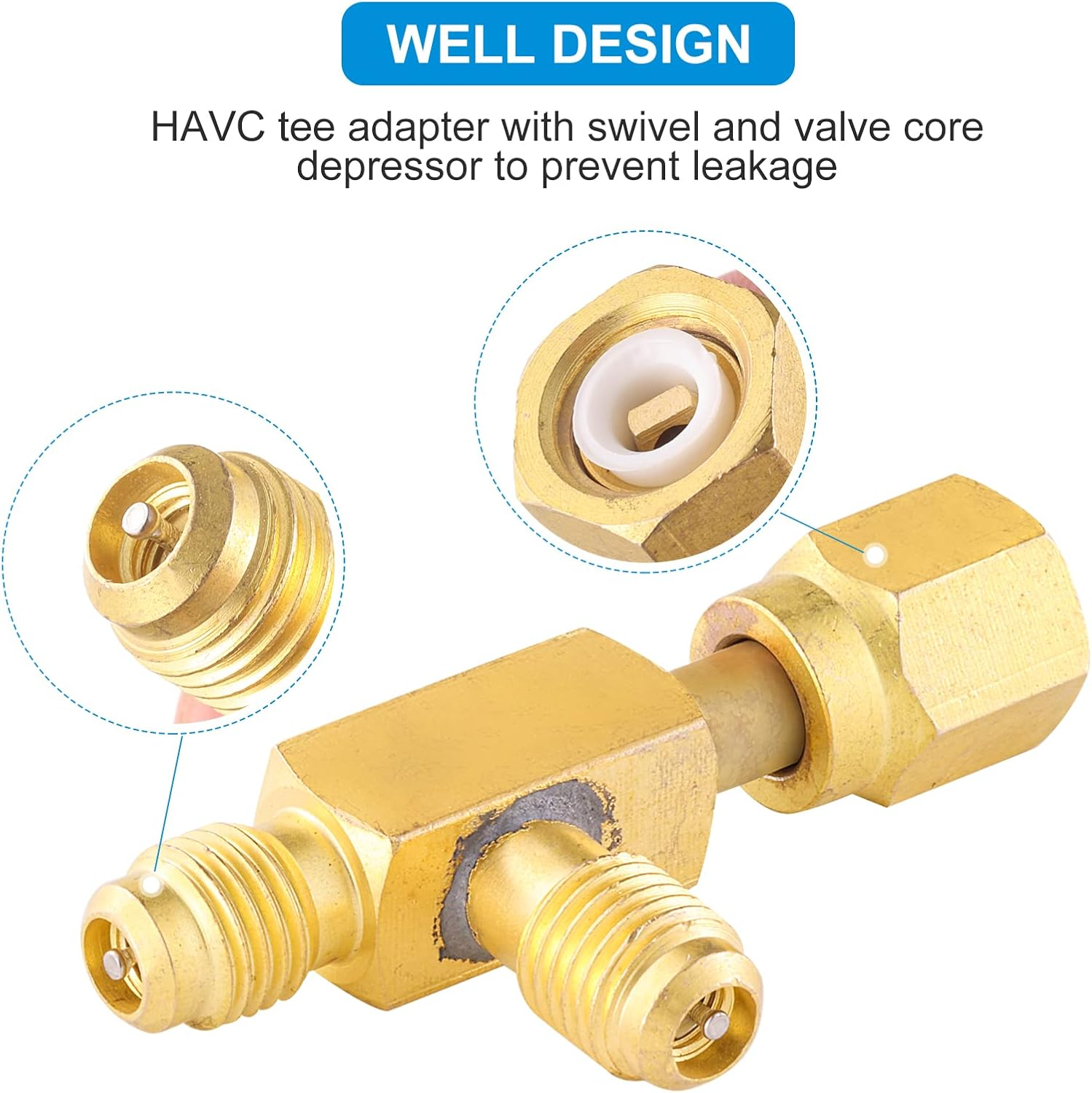 Quick Coupler Access Tee, 1/4'' Valves Core Quick Coupler Tee Adapter with Swivel Connector for Gauge Deep Vacuum Pump Manifold 2PC image number 2