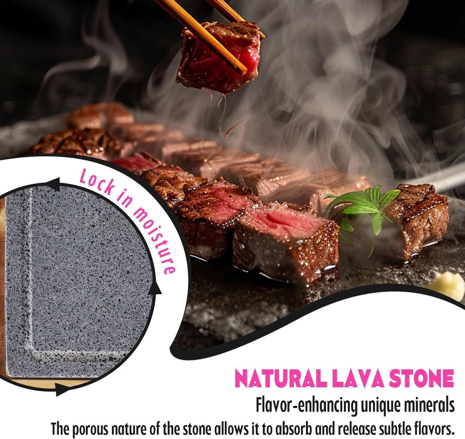 Artestia Volcanic Lava Rock Cooking Stones for Steak - 2-Piece 8.46&times;6.49In Stone with 1 Bamboo Tray, 3 Sauces Bowls, Grill & BBQ Hot Stones for Indoor Outdoor Use - Upgraded Version image number 6