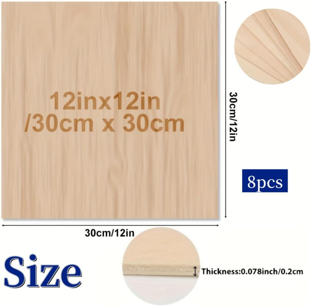 8 Pack Plywood Sheets, Basswood Sheets,1/16 X12 X 12 Inch Wood Sheet, Unfinished Craft Wood, Thin Plywood Wood Sheets, Wood Boards for Crafts, Laser Cutting, Engraving, Wood Burning (8) image number 6