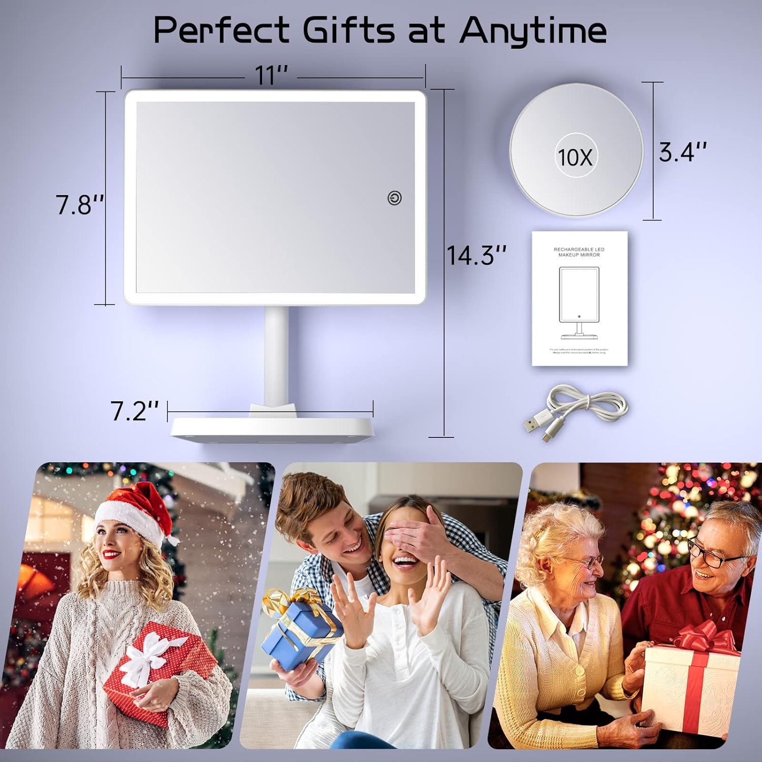 FUNTOUCH Rechargeable Makeup Vanity Mirror with Lights, Large Lighted Desk Makeup Mirror with 96 LED Lights and 10X Magnifying Mirror, 3 Color Lighting, Light up Make up Mirror with Phone Holder image number 6