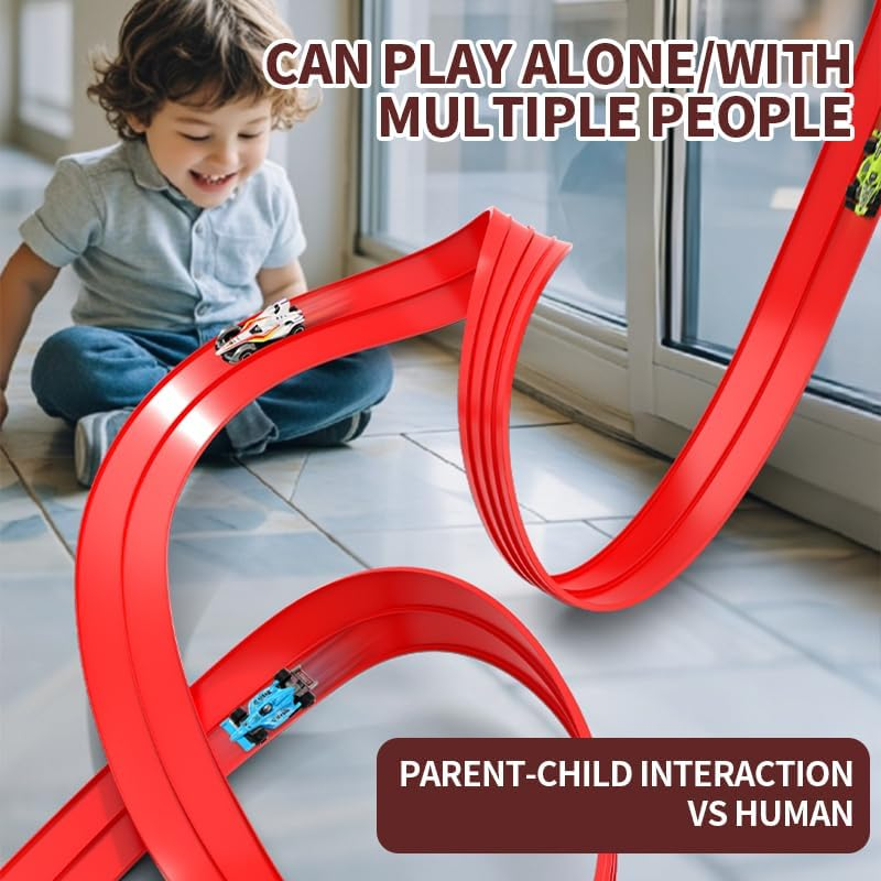 3.9 M Flexible Race Car Track, Rolls up Portable Racetrack with Suction Cups, DIY Highway with 4 Cars,Compatible with Diecast 1/64Th Cars,Kid Toy for Ages 3 & Up(Red) image number 1