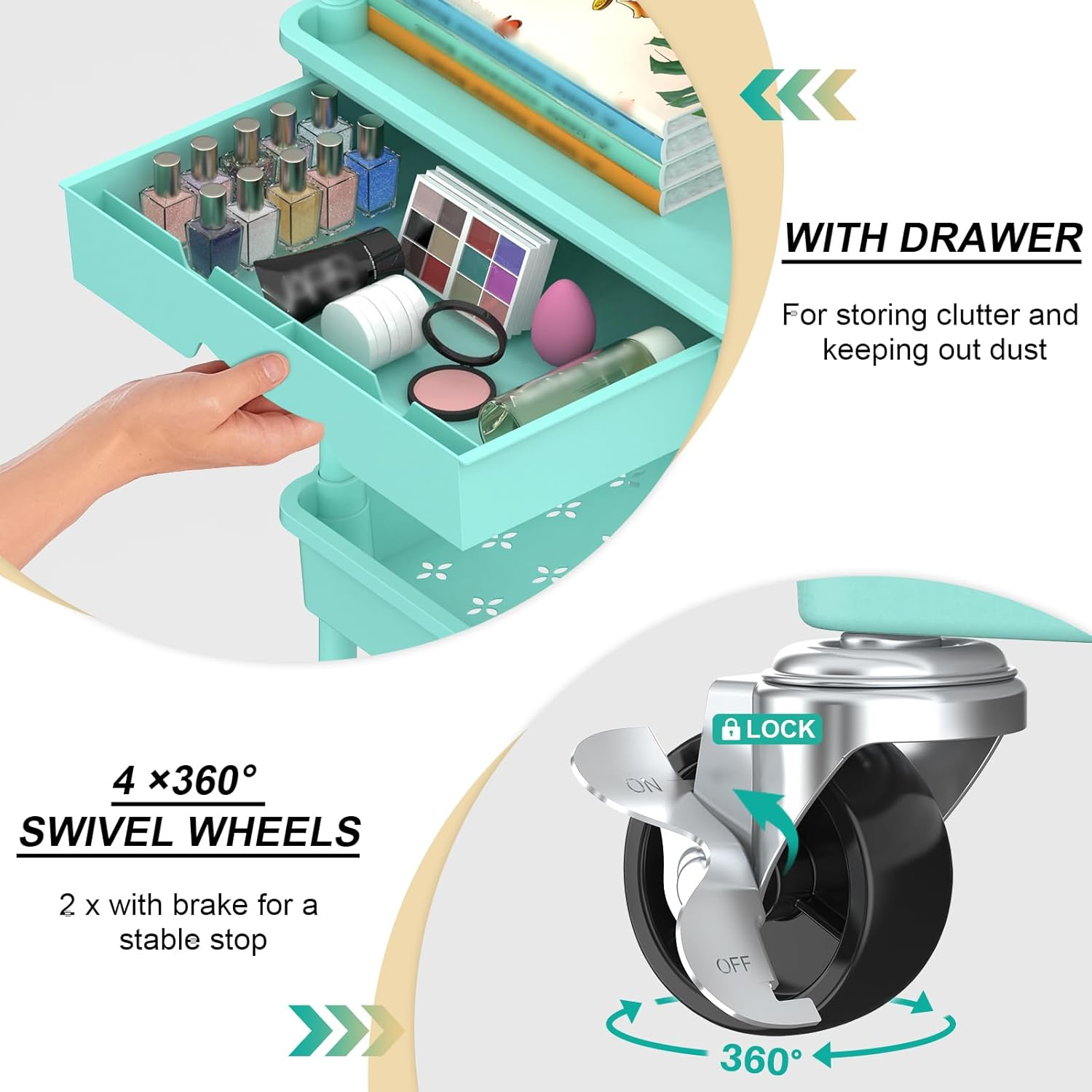 Yeabett 3 Tier Craft Trolley, Storage Trolley on Wheels Utility Cart with Drawer for Kitchen, Bathroom, Office, Living Room, Blue