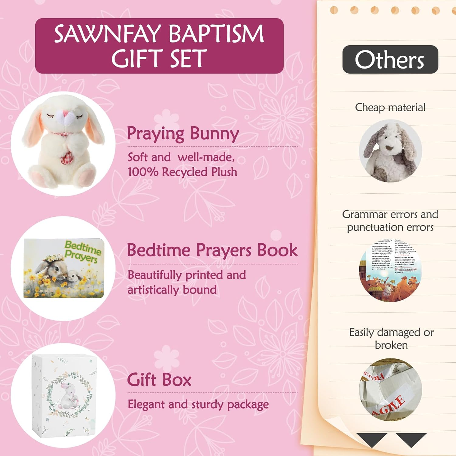 Sawnfay Baptism Gifts for Girls and Newborn Baby, Christening Gifts Set, 7" Praying Bunny Plush Toy and Bedtime Blessing Book in Keepsake Gift Box, Ideal for Kids - Pink image number 5