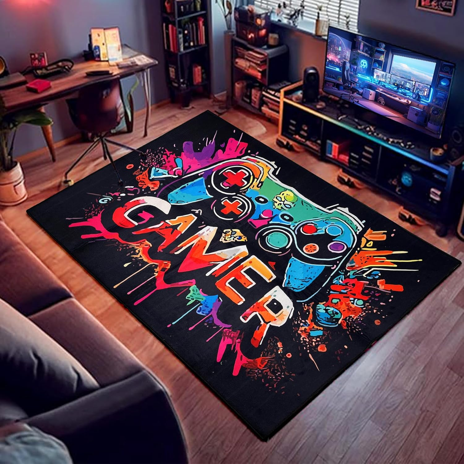 Gaming Rug for Boy Room, Non-Slip Play Carpet for Playroom, 3D Colorful Gamer Play Mat Fun Activity Centerpiece Playmat Area Rugs for Kids World Decor Floor Mat (Color 5, 80 * 120 Cm)