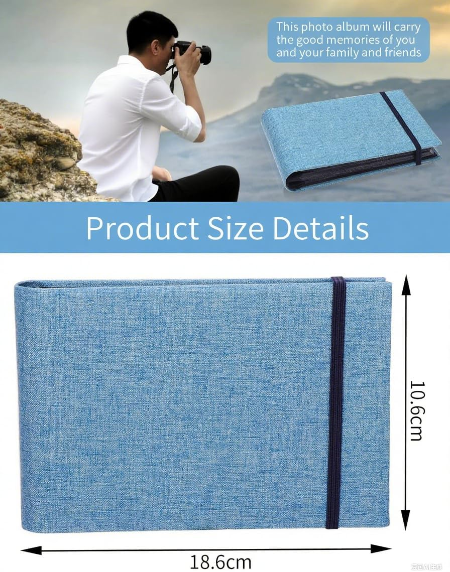 Mini Photo Album, 4X6Inch 100 Photos Pockets Linen Cover Scrapbook for Artwork Postcards Pictures Storage, Baby Tethered Picture Album Binder for Gifts, Small DIY Photos Books to Record Memories (BL) image number 3