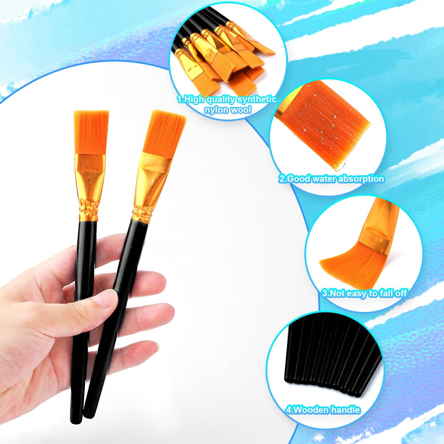 10Pcs Flat Paint Brushes 1 Inch Wide, Watercolor Acrylic Paint Brush Bulk Synthetic Nylon Oil Painting Brushes for Artists Professional Amateurs Gouache & Acrylic Painting (Bright Black) image number 6