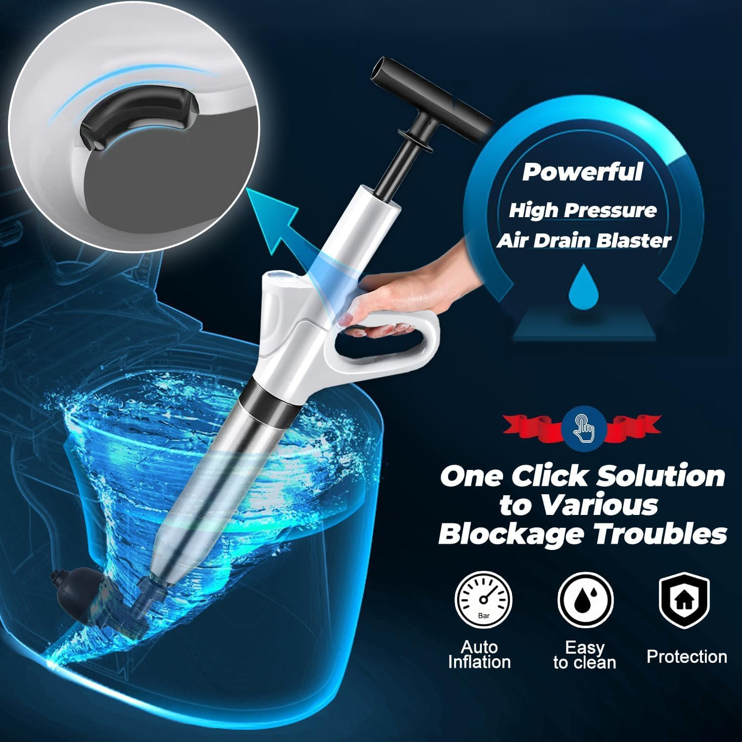 Toilet Plunger, Drain Clog Remover, High-Pressure Air Drain Blaster with Real-Time Barometer Powerful Drain Snake Sink Plunger Plumbing Tools, Plungers for Bathroom, Sink, Floor, Kitchen Clogged image number 6