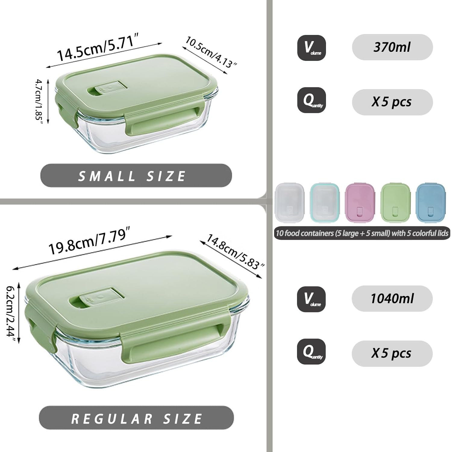 Merrynine Glass Food Storage Containers - 10 Pack, 1040Ml & 370Ml Meal Prep Container with Airtight Leakproof Lids, Reusable Safe for Microwave, Freezer, Dishwasher Kitchen Storage & Organisation image number 1