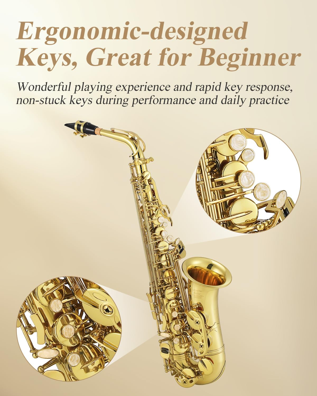 Eastar Professional Alto Saxophone E Flat Eb Gold with Cleaning Cloth, Carrying Case, Mouthpiece, Neck Strap, Reeds and Stand, Full Kit, AS-Ⅲ image number 6