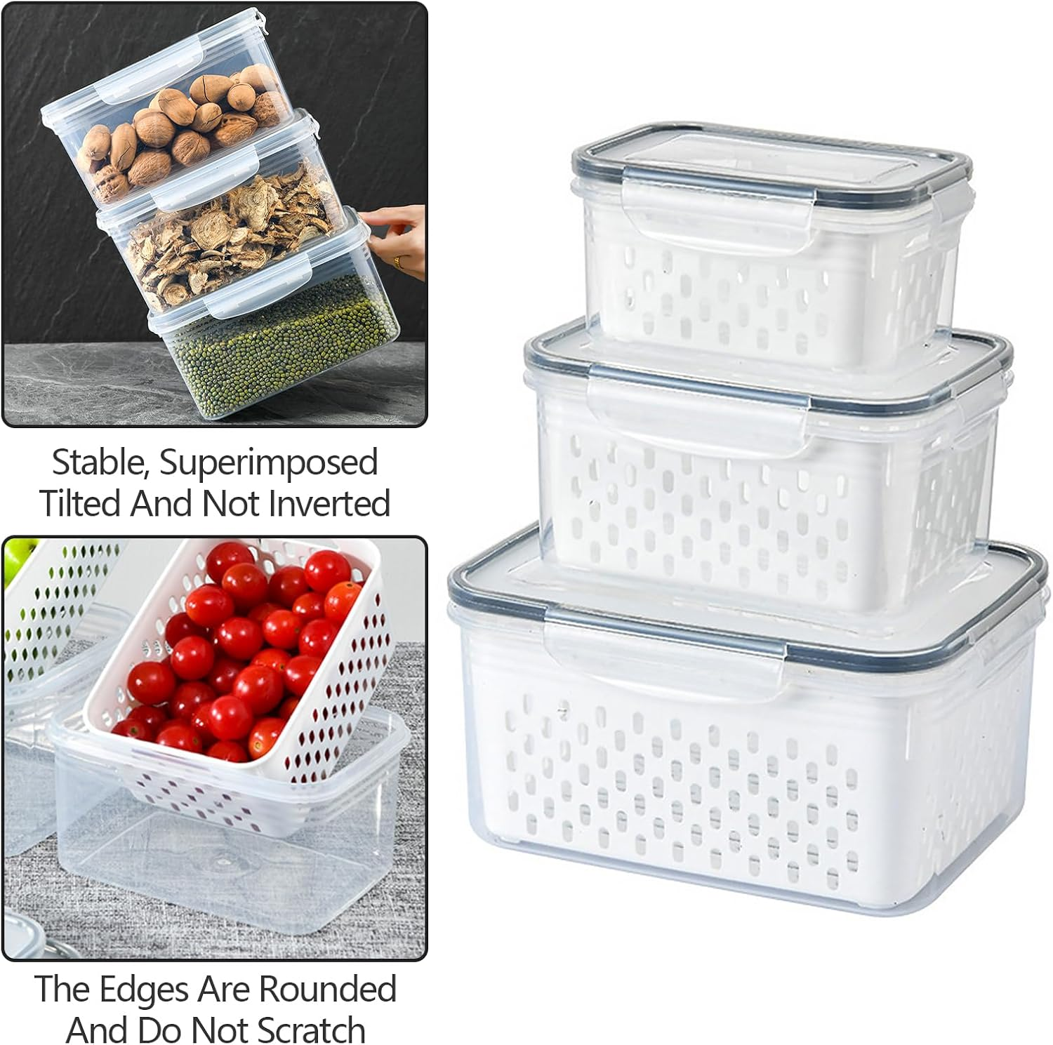 Lizbin 3 PCS Fruit Storage Containers for Fridge with Removable Colander, Leak Proof Food Storage Containers, Airtight Food Storage Containers, Food Storage Containers with Lids, Keep Food Meat Fresh image number 3