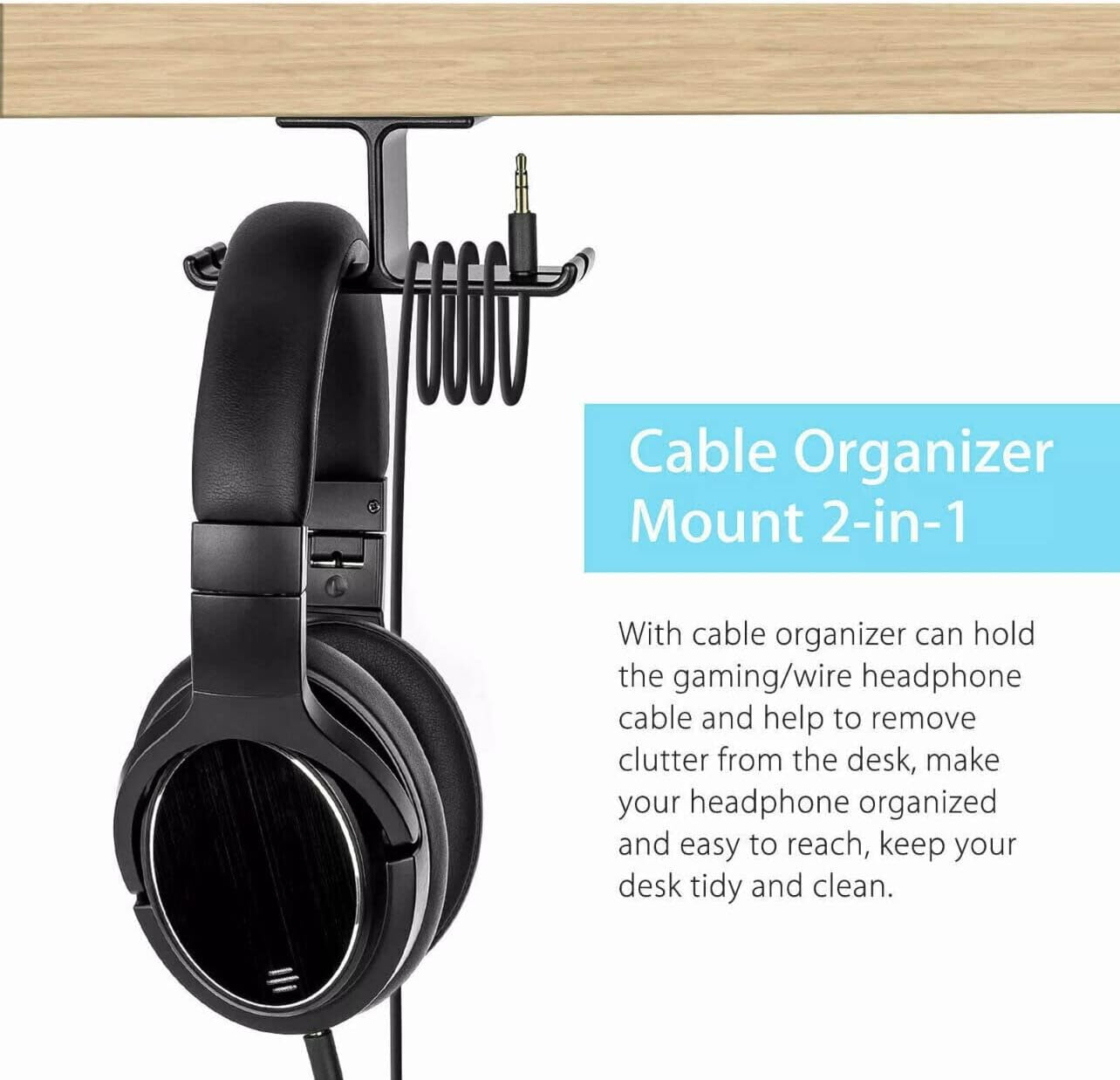 AIMALL Universal DJ Headphone Hanger Hook - Dual Headset Mount Holder under Desk with Cable Organizer, Sturdy Aluminum Alloy, Easy Installation - Black image number 5