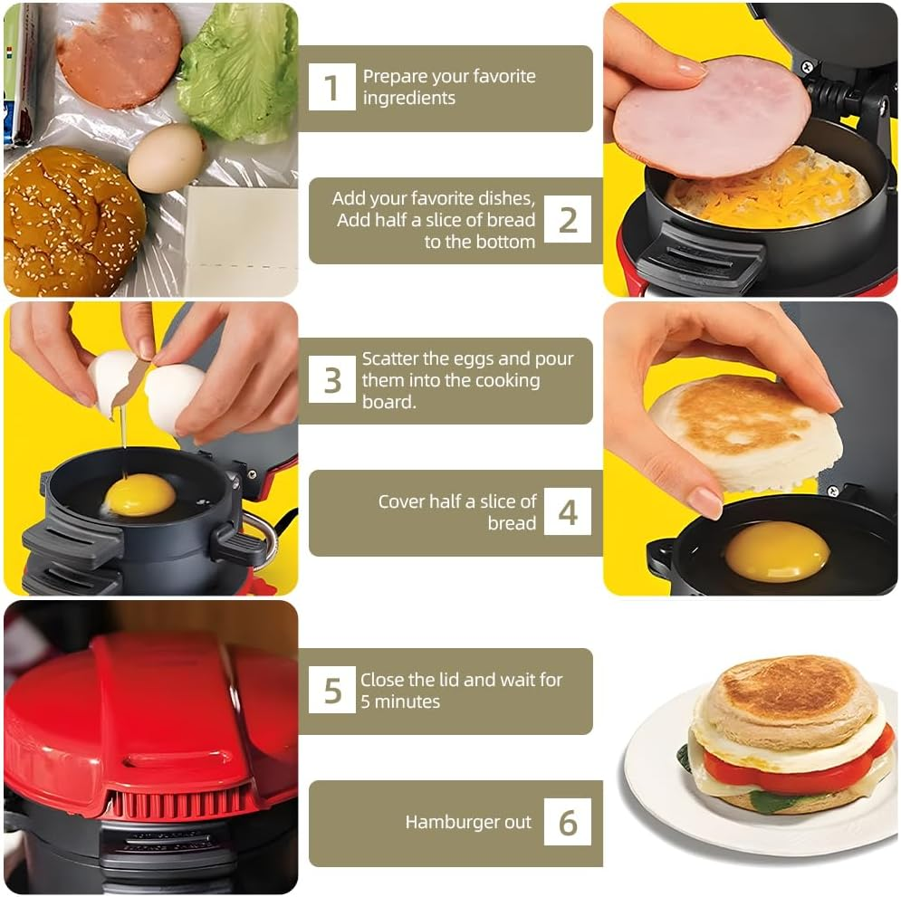 Breakfast Sandwich Maker with Egg Cooker Ring Easy Clean Non Stick Burger Sandwich Omelette Toaster Maker 600W Portable Stainl Steel Hamburger Pr for Pancakes/Cookies/Burgers image number 6