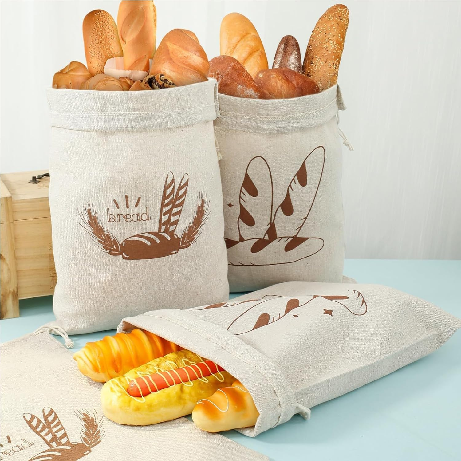 Yharnamite 3 Pcs Linen Bread Bags, 30 X 40Cm Large Capacity Bread Storage Bags with Drawstring, Reusable Food Storage Bread Keeper for Homemade Bread, Baguette, Fruit, Vegetables image number 1