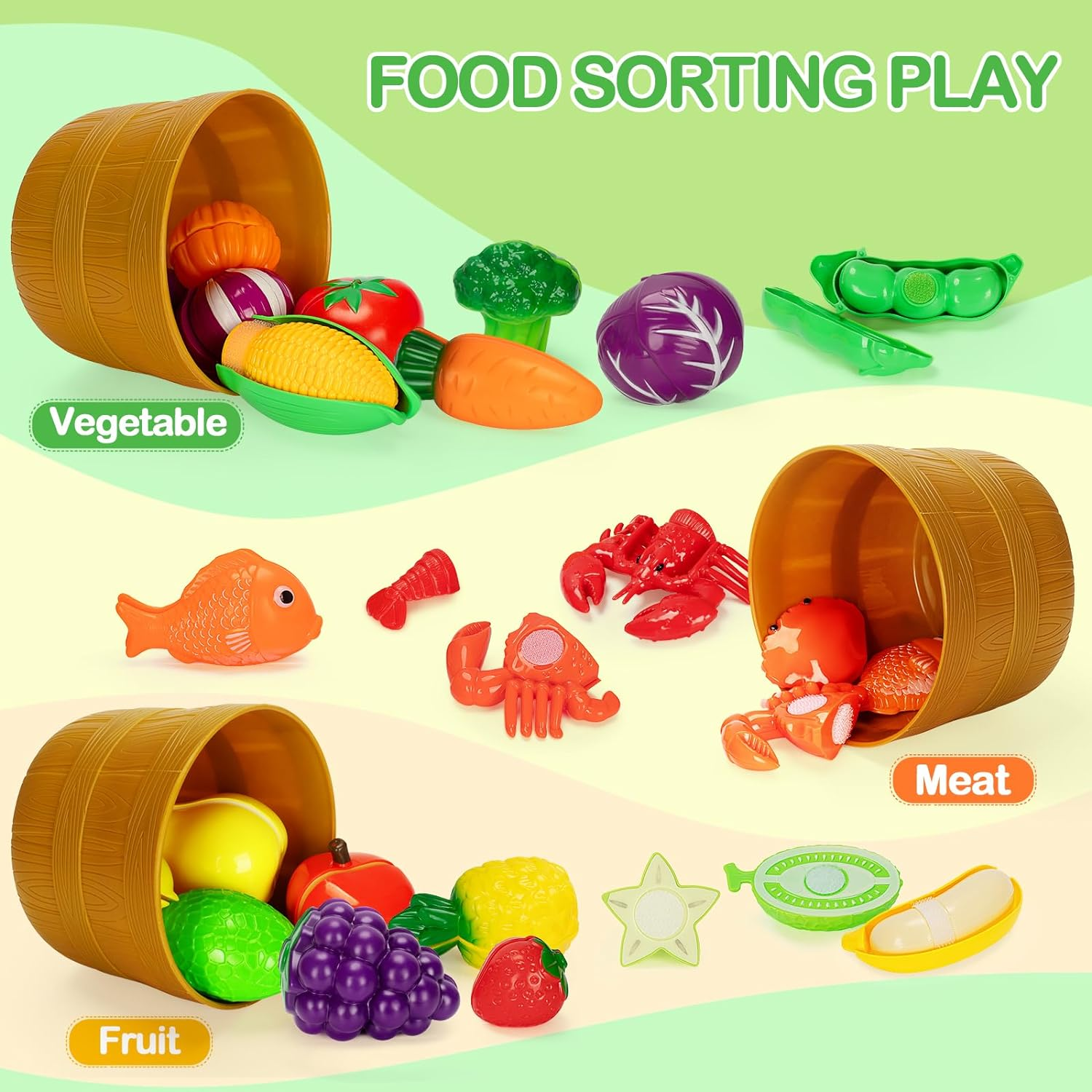 Color Sorting Play Food Set - 68 Pcs Cutting Play Food Toy for Kids Kitchen, Pretend Fake Food & Fruit & Vegetables Accessories, Preschool Educational Toy for Toddler Boy Girl Christmas Birthday Gifts image number 1