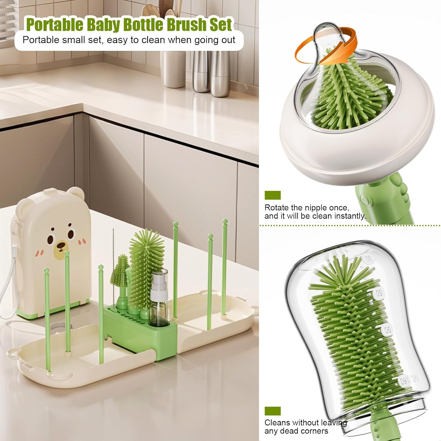 6-In-1 Portable Baby Bottle Brush Set with Case, Bottle Cleaner Kit with Drying Rack, Bottle Brush, Nipple Brush, Straw Brush, Soap Dispenser, Aby Travel Essentials for Mums & Dads (Green) image number 4