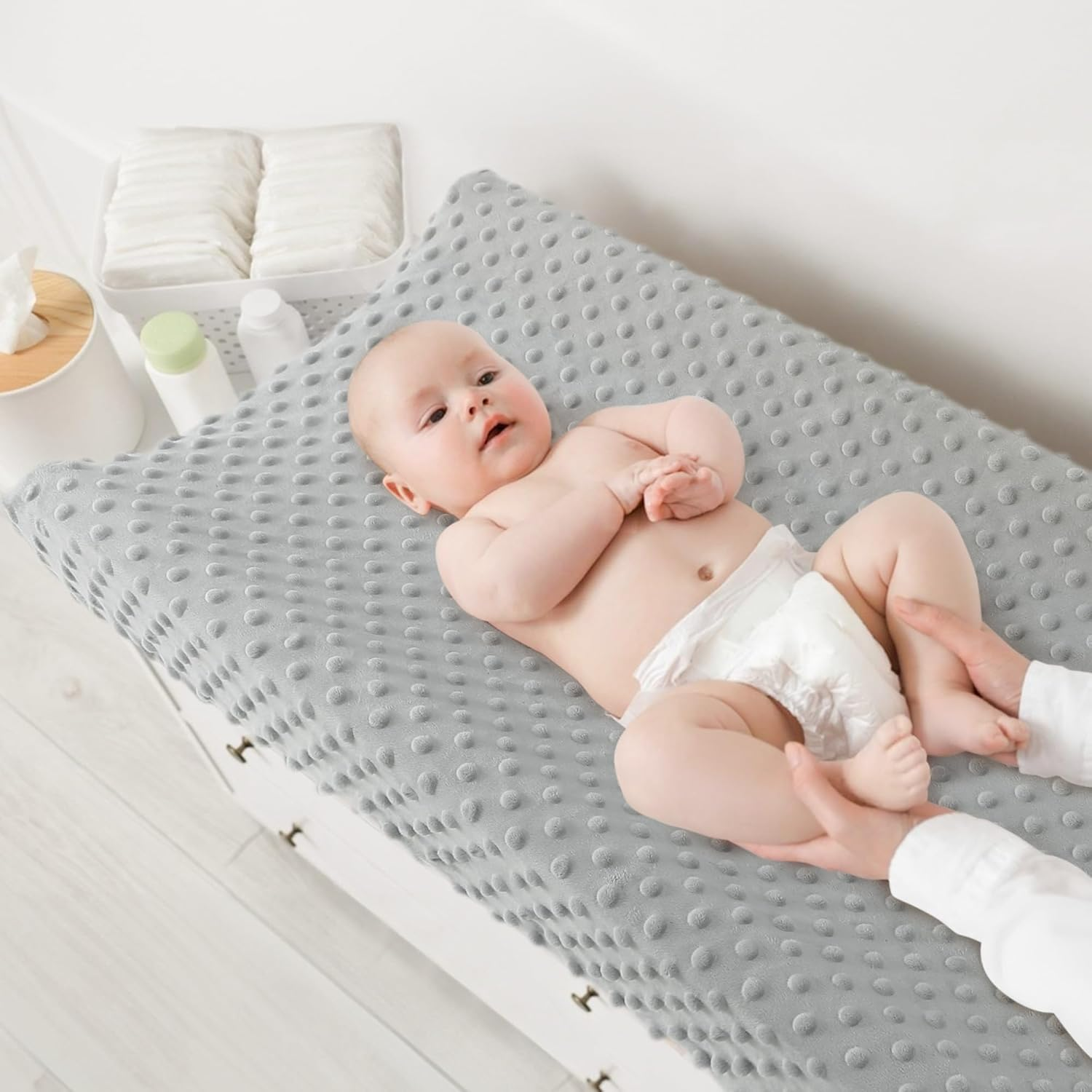 Susurration 2Pack Changing Pad Covers Super Soft Minky Dots Plush Changing Table Covers 33X17X7In Breathable Changing Pad Sheets for Unisex Baby Girls and Boys (Grey&Blue) image number 4