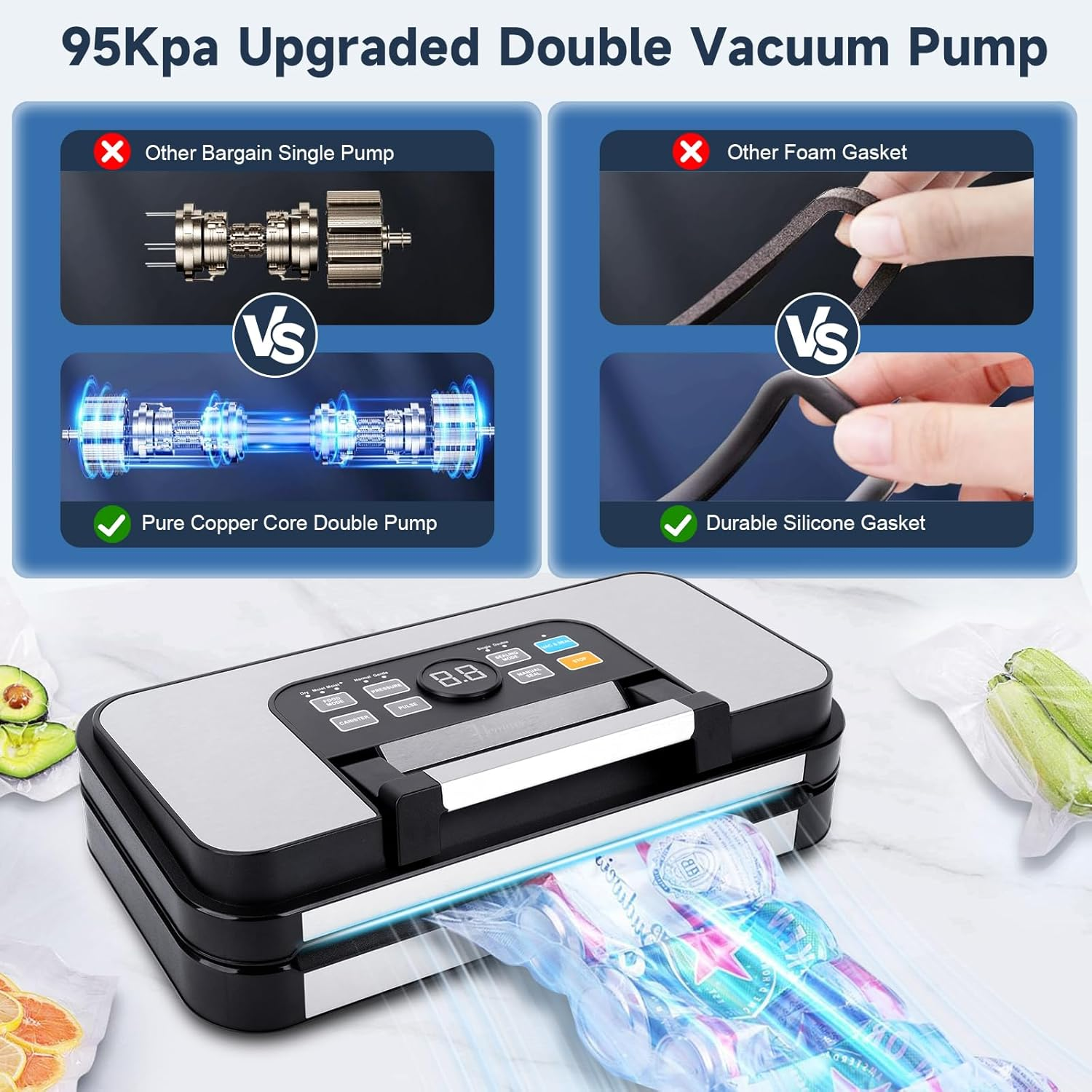 Food Vacuum Sealer Automatic Sealing Machine for Food Preservation with 95Kpa Powerful Suction, Easy-Lock Handle, 10-In-1 Dry Moist Sealing Modes, Built-In Bag Rolls