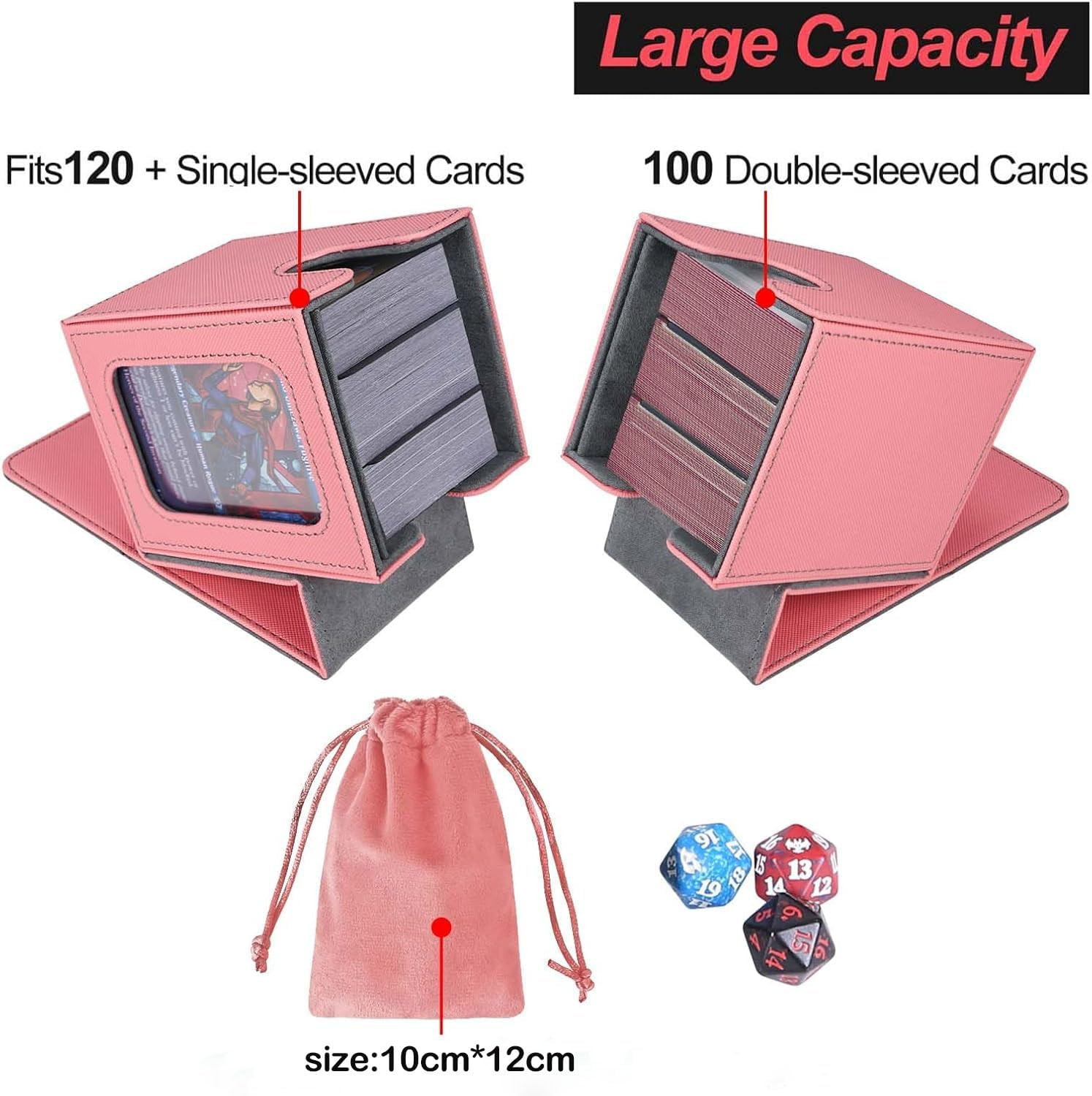 MTG Deck Box for Commander Display,Card Deck Box Fits 100 Double Sleeved Cards, Magic Commander TCG Card Storage Box with 2 Dividers,Drawstring Bag and 1 Toploader(Pink/Grey) - Purple Purple image number 5